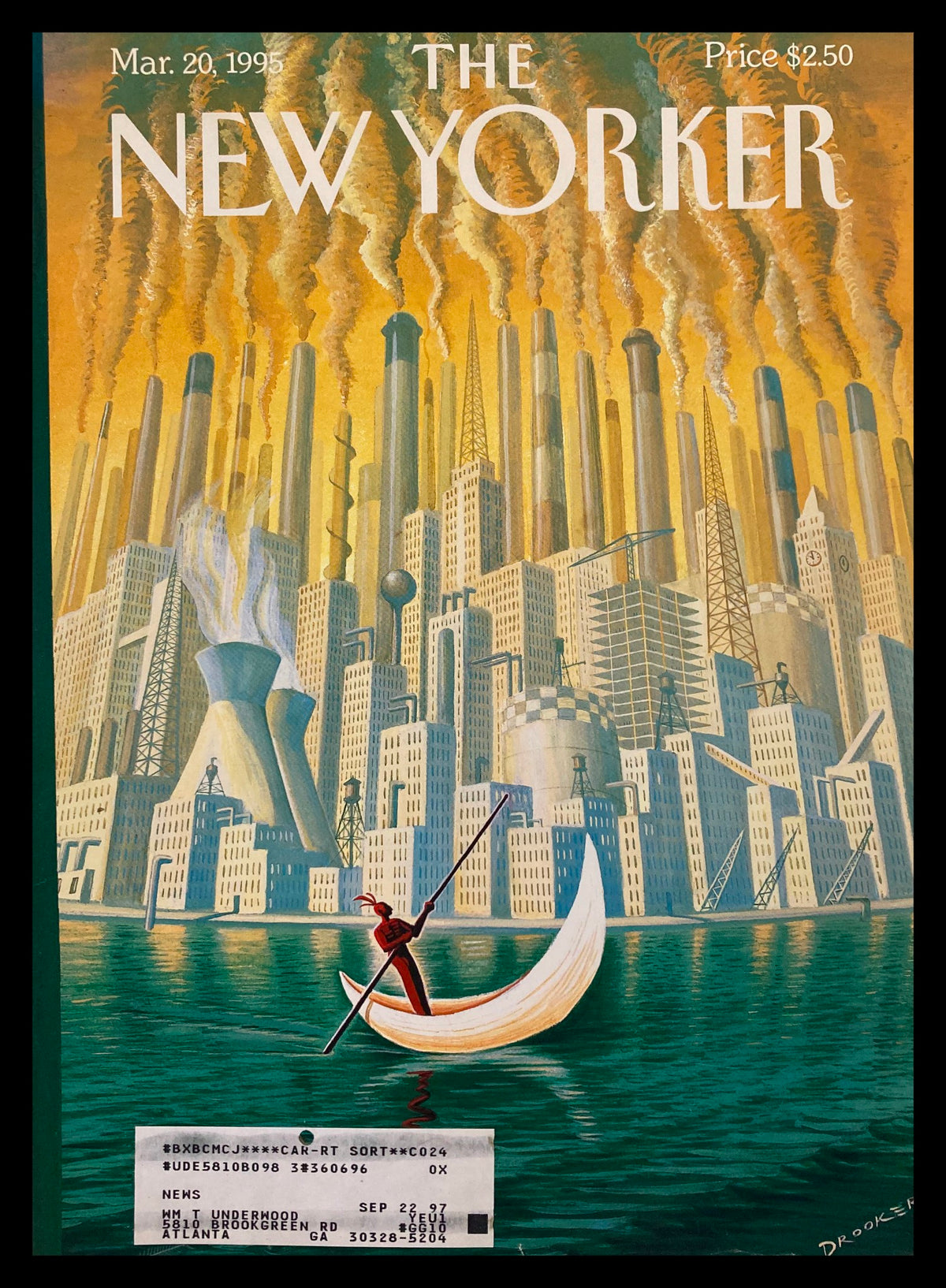 Cover of The New Yorker March 20 1995 titled 'Water and Fire' by Eric Drooker, showcasing an industrial landscape with smoky skies and a solitary figure in a boat.