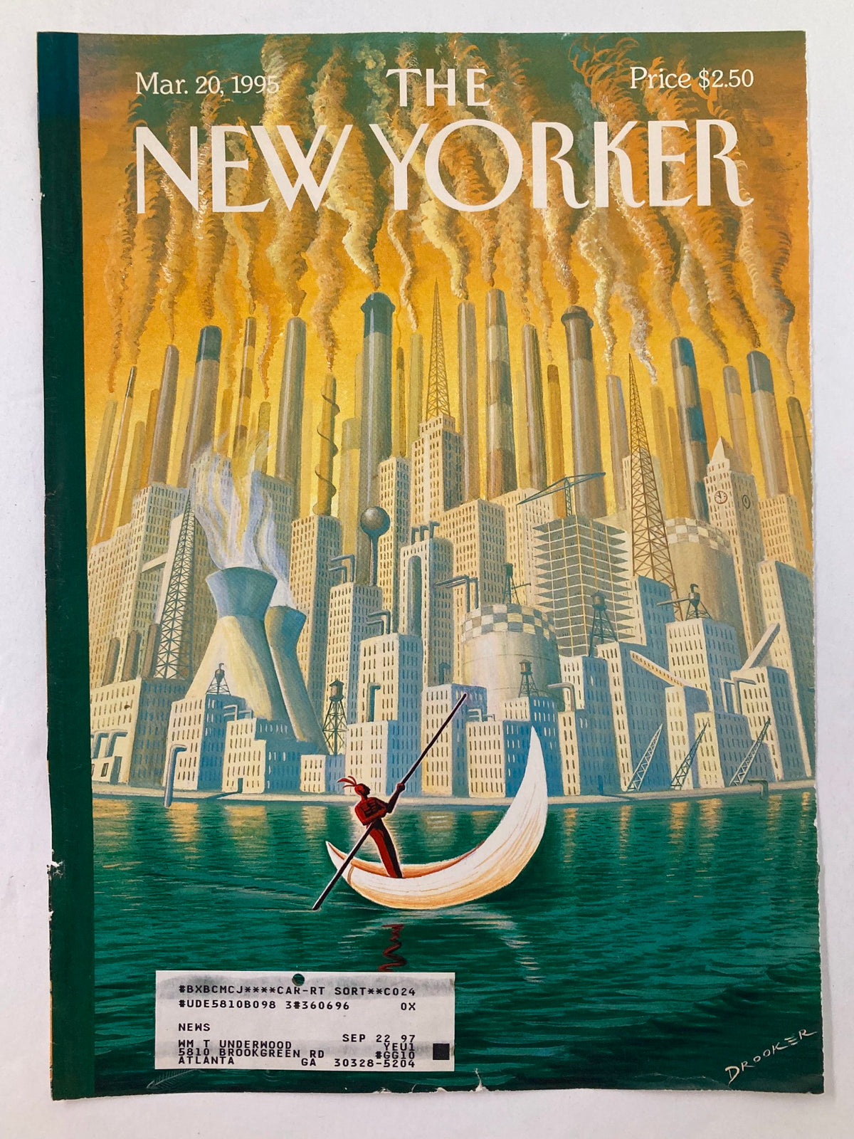 Cover of The New Yorker March 20 1995 titled 'Water and Fire' by Eric Drooker, featuring vibrant artwork of a city skyline with pollution and a person paddling a small boat.