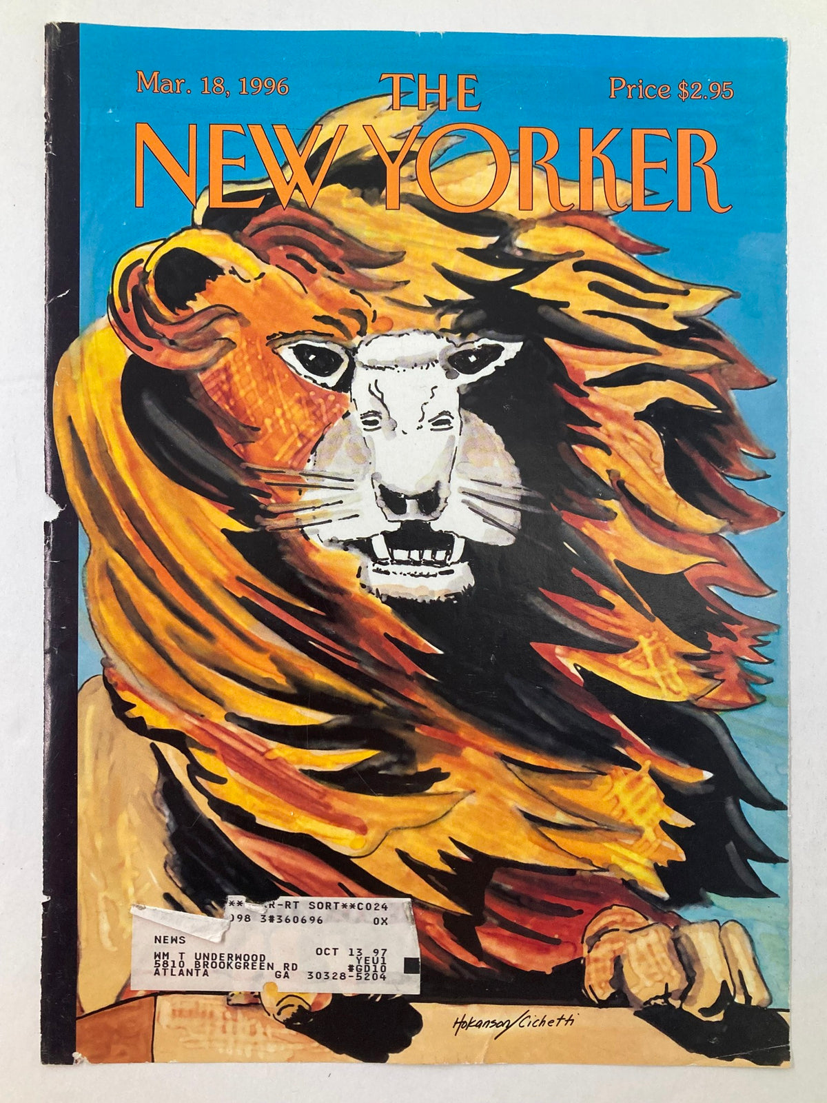 The New Yorker cover from March 18 1996, with striking illustration 'Lion and Lamb' by Lars Hokanson, highlighting a fierce lion against a blue background.