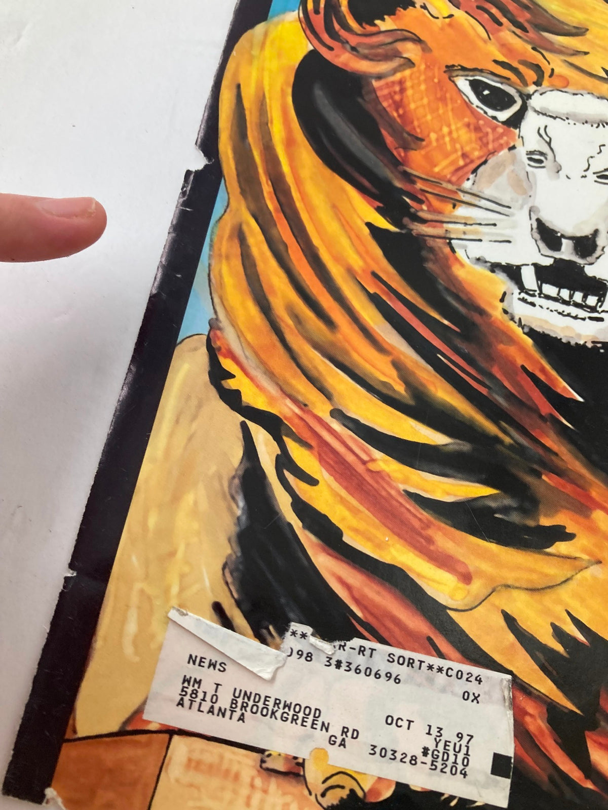 Close-up view of The New Yorker March 18 1996 cover, emphasizing the 'Lion and Lamb' artwork by Lars Hokanson, displaying the lion's detailed features and condition.