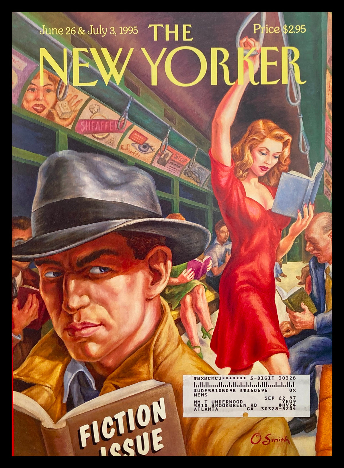 Cover of The New Yorker June 26 1995 titled 'Lady in Red' by Owen Smith, featuring a dramatic scene with a man reading a book and a woman in a vibrant red dress.