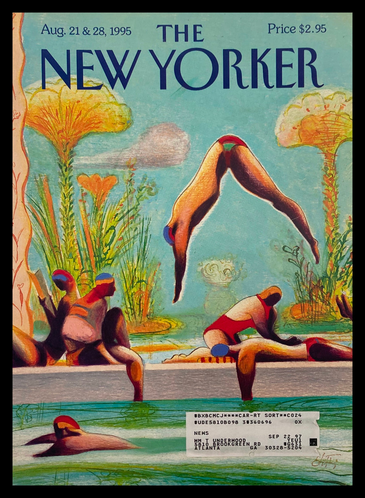 Vintage cover of The New Yorker dated August 21 & 28, 1995, illustrated by Lorenzo Mattotti, showcasing swimmers in a vibrant pool setting.