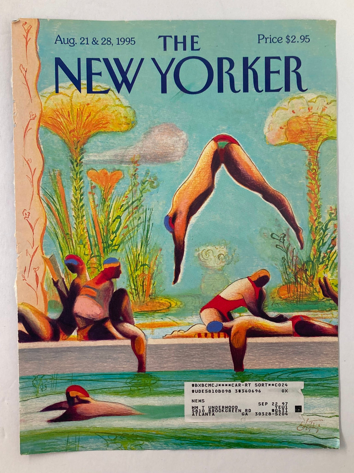 The New Yorker magazine cover from August 21 & 28, 1995, featuring an artistic illustration by Lorenzo Mattotti depicting swimmers and summer scenery.