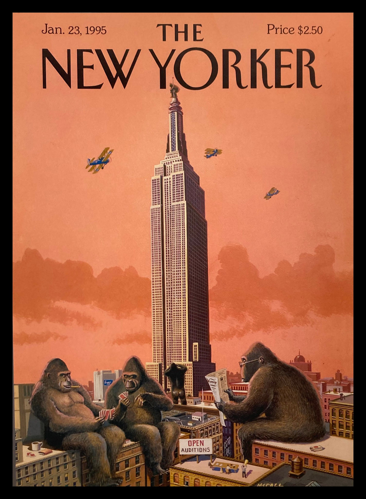 Cover of The New Yorker magazine, January 23, 1995, titled 'Open Auditions' by Bruce McCall. The illustration features humorous gorillas engaged in various activities against a pink sky and the Empire State Building.
