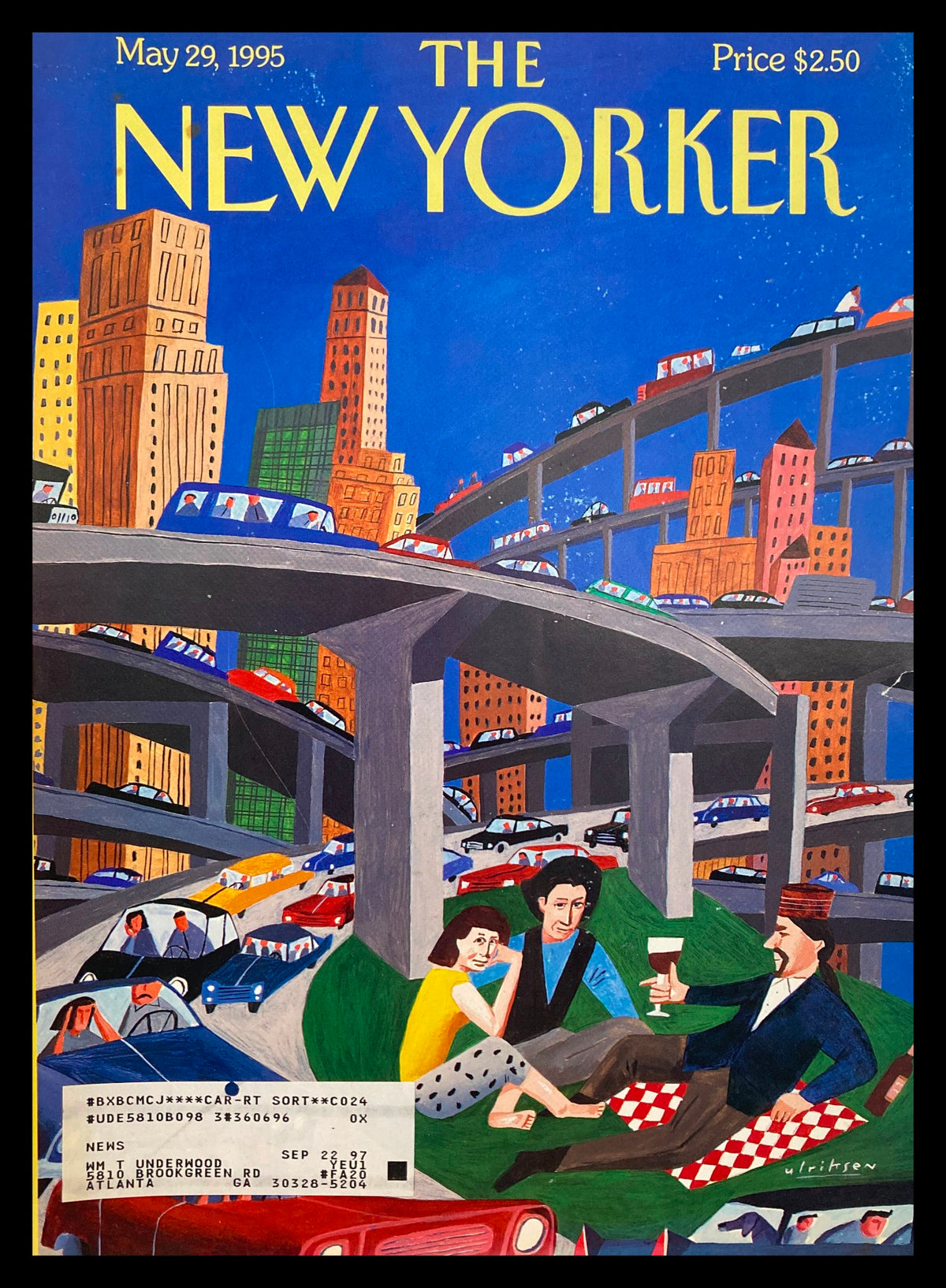 The New Yorker May 29 1995 Traffic Jam cover illustration by Mark Ulriksen featuring urban life with cars, buildings, and people enjoying a picnic beneath a highway.