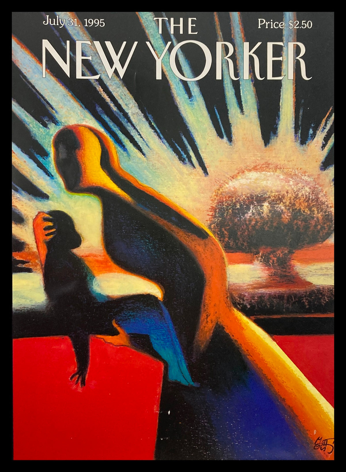 COVER ONLY The New Yorker July 31 1995 A Nuclear Blast by Lorenzo Mattotti featuring an abstract depiction of a figure holding a child, set against a vibrant background with an explosive mushroom cloud.