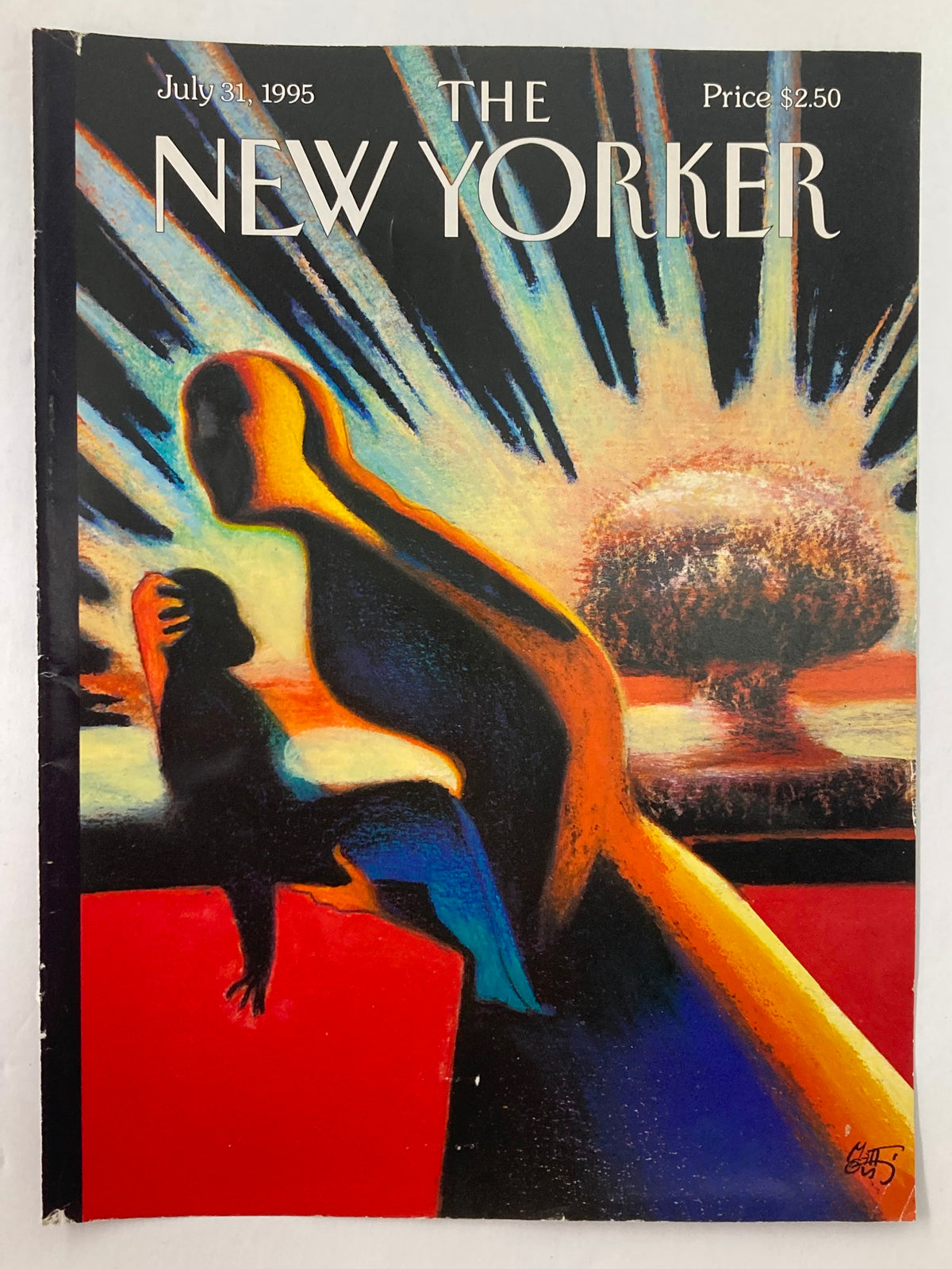 COVER ONLY The New Yorker July 31 1995 A Nuclear Blast by Lorenzo Mattotti showcasing an evocative illustration of a parent and child in silhouette, with a dramatic color palette reflecting themes of nuclear imagery.