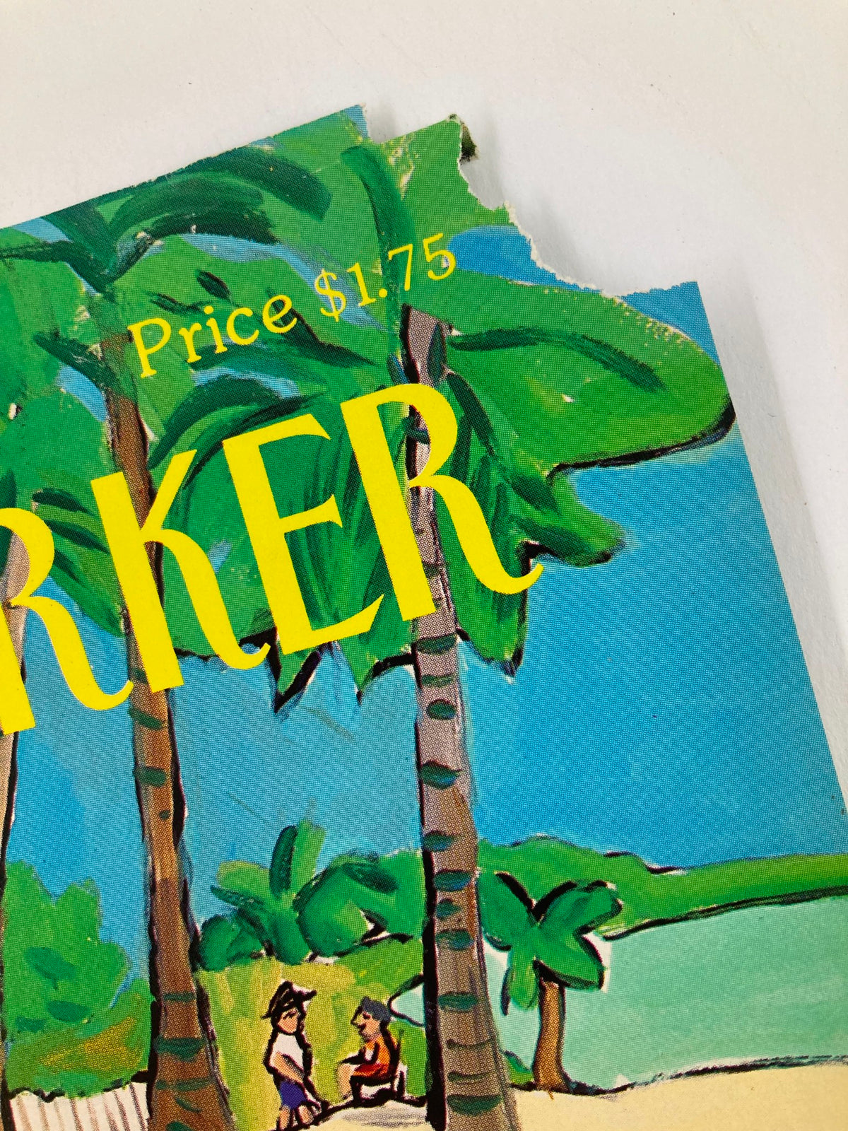 Close-up of The New Yorker cover, January 20, 1992, 'Beach Day' by Barbara Westman, highlighting the title and some wear along the top edge, symbolizing its vintage charm.
