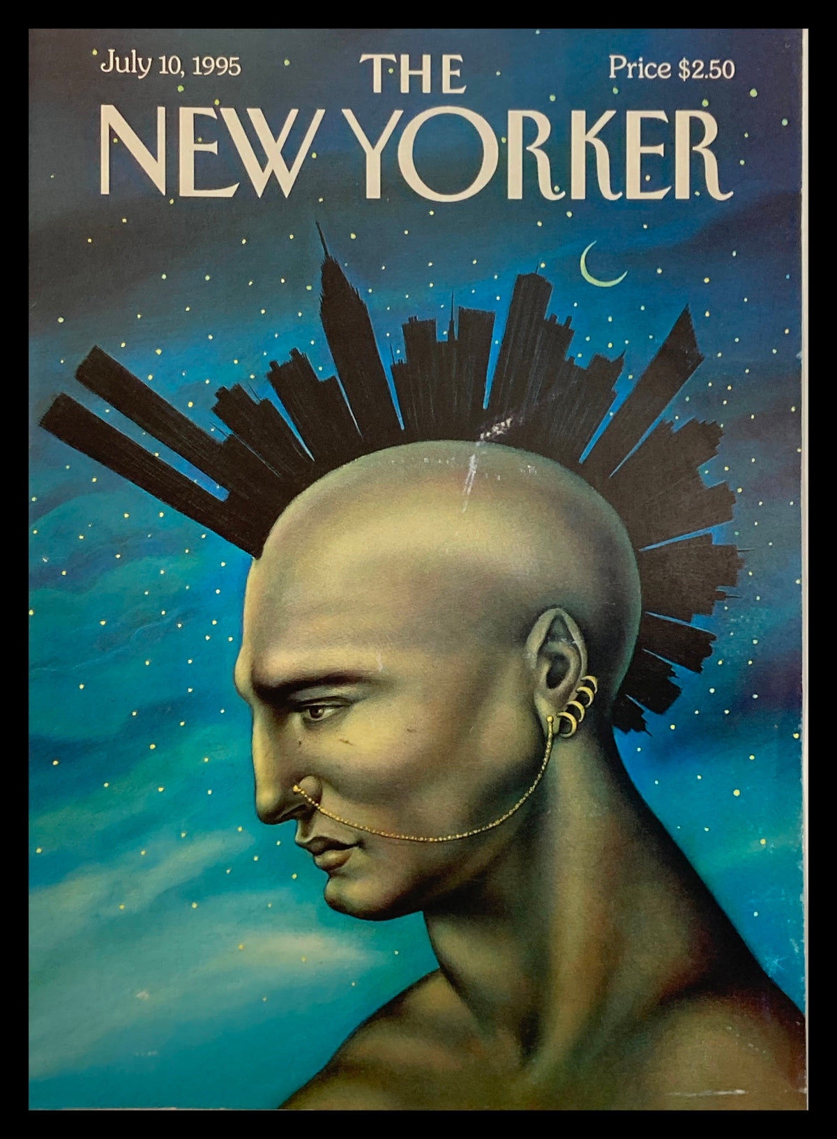 Cover of The New Yorker dated July 10, 1995, featuring the artwork 'Mohawk Manhattan' by Anita Kunz, showcasing a bald figure against a vibrant blue background with a city skyline.