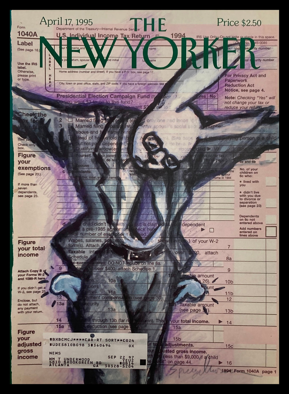 Cover of The New Yorker April 17, 1995, featuring the illustration titled 'Theology of the Tax Cut' by A. Spiegelman, depicting a man in a suit against a tax form background.