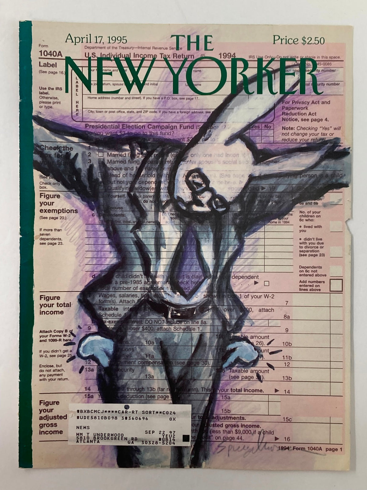 Cover of The New Yorker April 17, 1995, showcasing the artwork 'Theology of the Tax Cut' by A. Spiegelman, with a figure in a suit set on a U.S. tax return document.