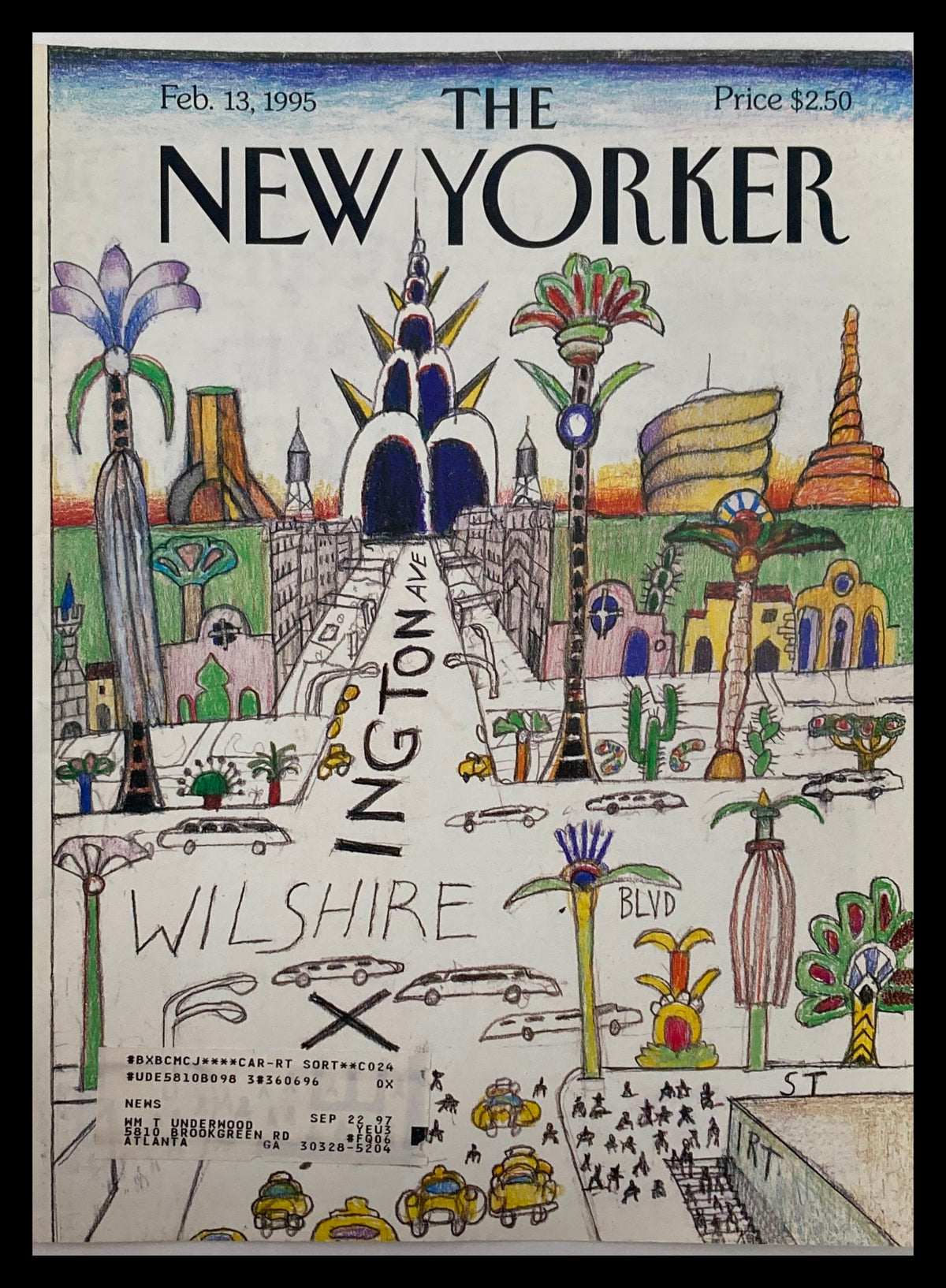 The New Yorker cover from February 13, 1995, featuring a colorful illustration of the 'Corner of Lexington and Wilshire', capturing an urban landscape with vibrant architecture and palm trees.