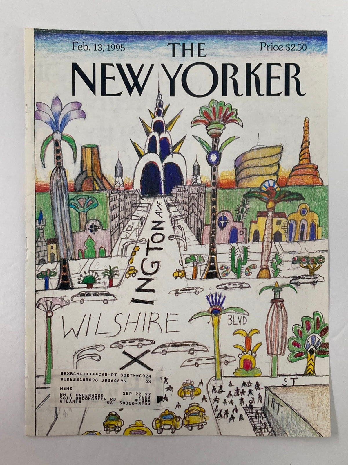 COVER ONLY The New Yorker February 13 1995 showcasing a colorful illustration of urban life at the corner of Lexington and Wilshire, featuring iconic architecture and vehicles, ideal for art collectors and magazine enthusiasts.