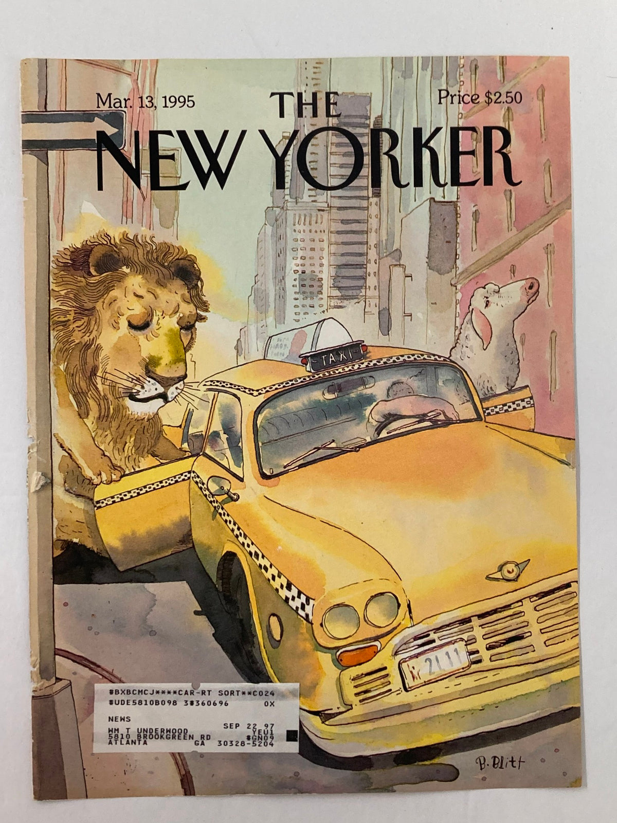 Cover of The New Yorker dated March 13, 1995, titled 'Rides of March' by Barry Blitt, showcasing a lion and a dog interacting near a yellow taxi amidst an urban backdrop.