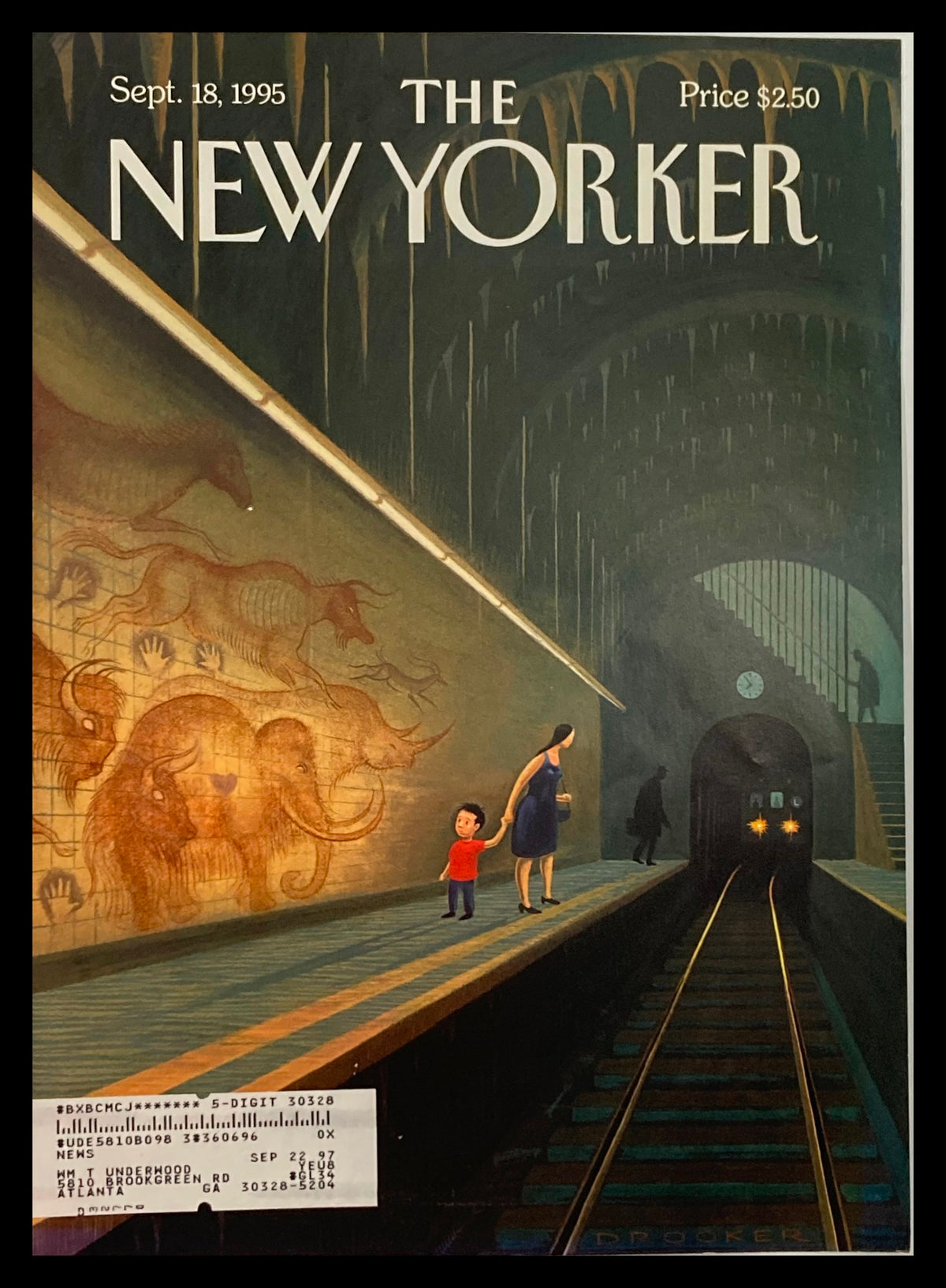 Cover of The New Yorker, September 18, 1995, titled 'At the End of the Tunnel' by Drooker, featuring a woman and child in a subway setting with cave paintings.