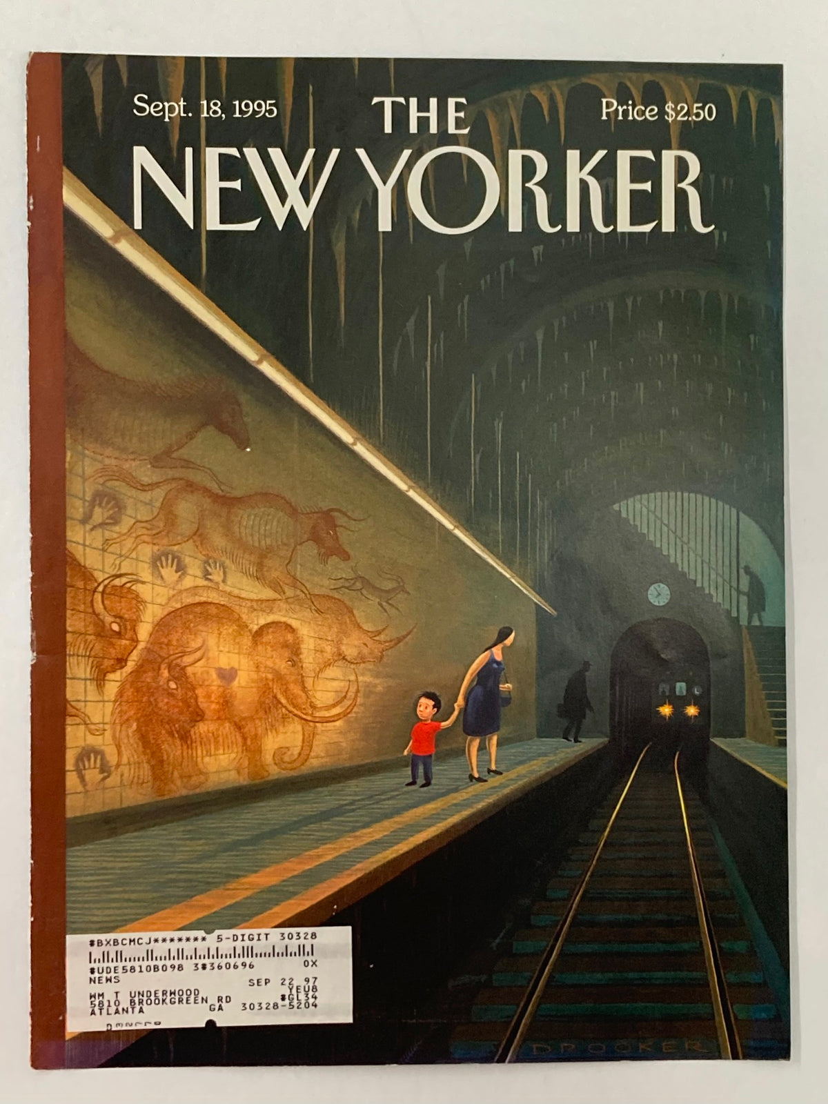 The New Yorker cover from September 18, 1995, showcasing 'At the End of the Tunnel' by Drooker, highlighting a mother and child in an underground tunnel with striking artwork.
