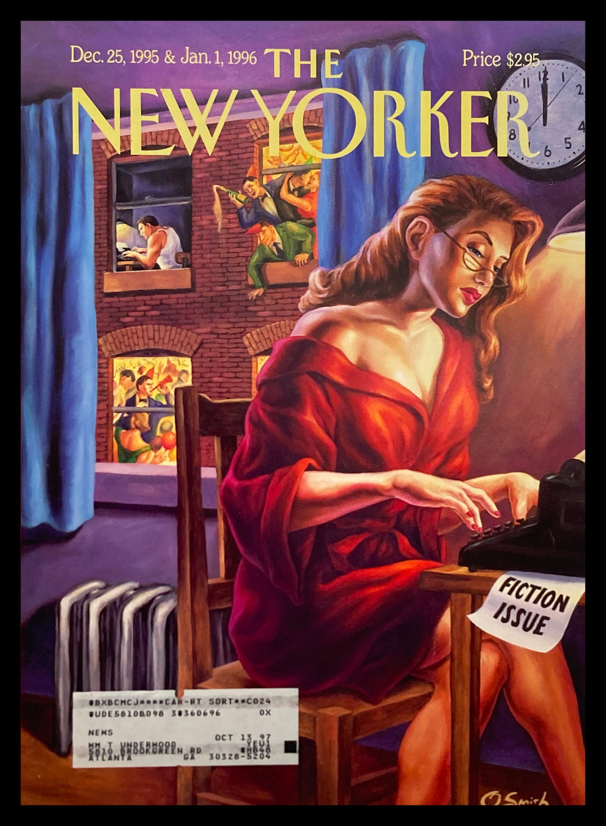 Cover of The New Yorker dated December 25, 1995 featuring an illustration titled 'The Writing Life' by Owen Smith, depicting a woman in a red robe, writing at a vintage typewriter, with artistic scenes in the background.