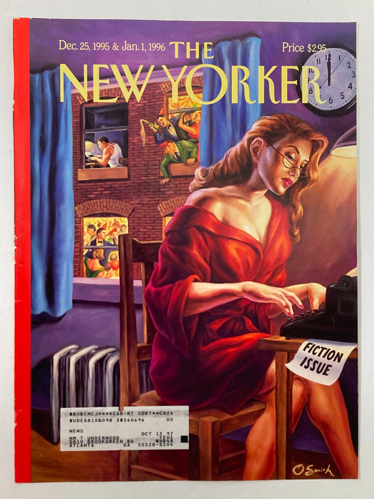 Cover of The New Yorker dated December 25, 1995 featuring the illustration 'The Writing Life' by Owen Smith, showcasing a woman in red attire leaning towards a typewriter, framed by colorful artistic windows.