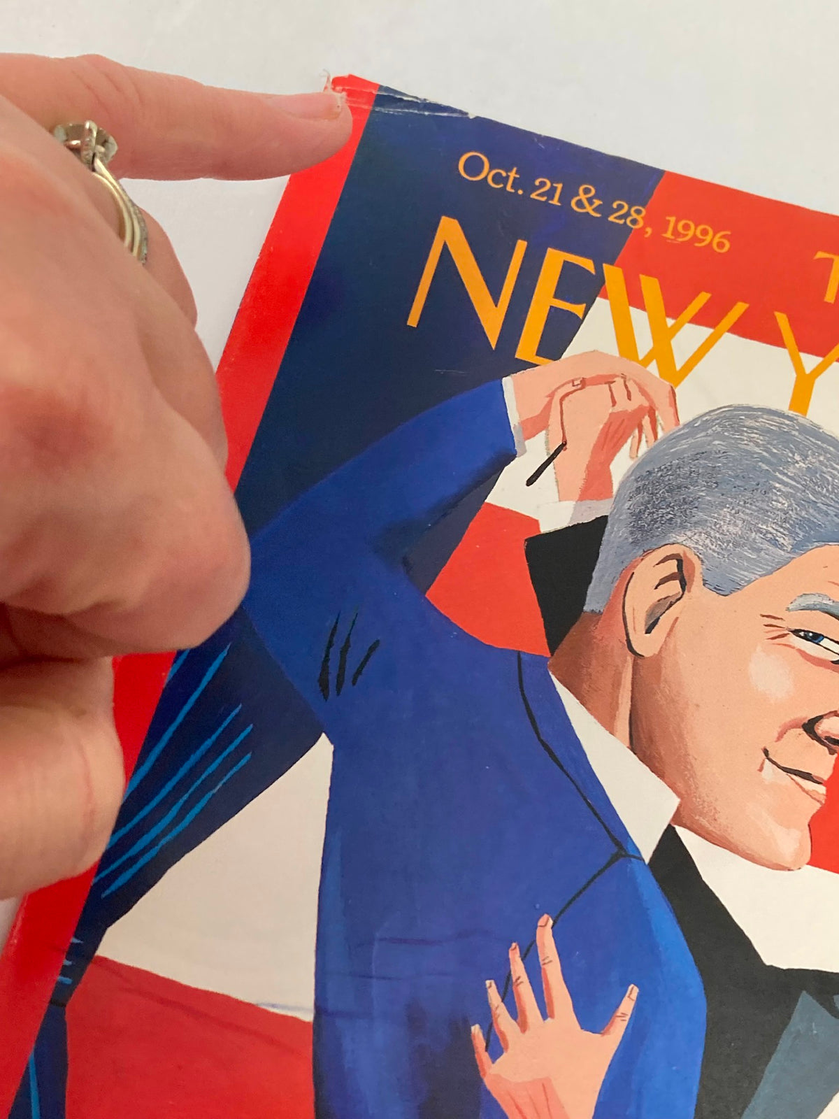 Close-up of The New Yorker cover from October 21, 1996, highlighting the artistic details of Bill Clinton and Bob Dole's illustration by Mark Ulriksen.