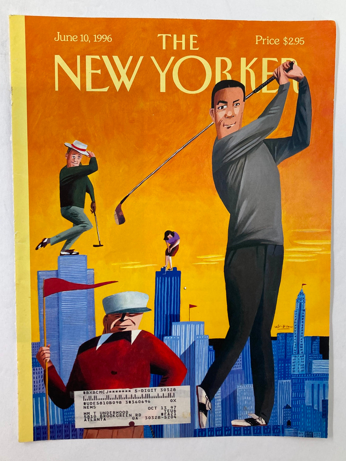 Front cover of The New Yorker from June 10, 1996, illustrated by Mark Ulriksen, depicting a playful city golf scene, featuring golfers and a colorful skyline backdrop.