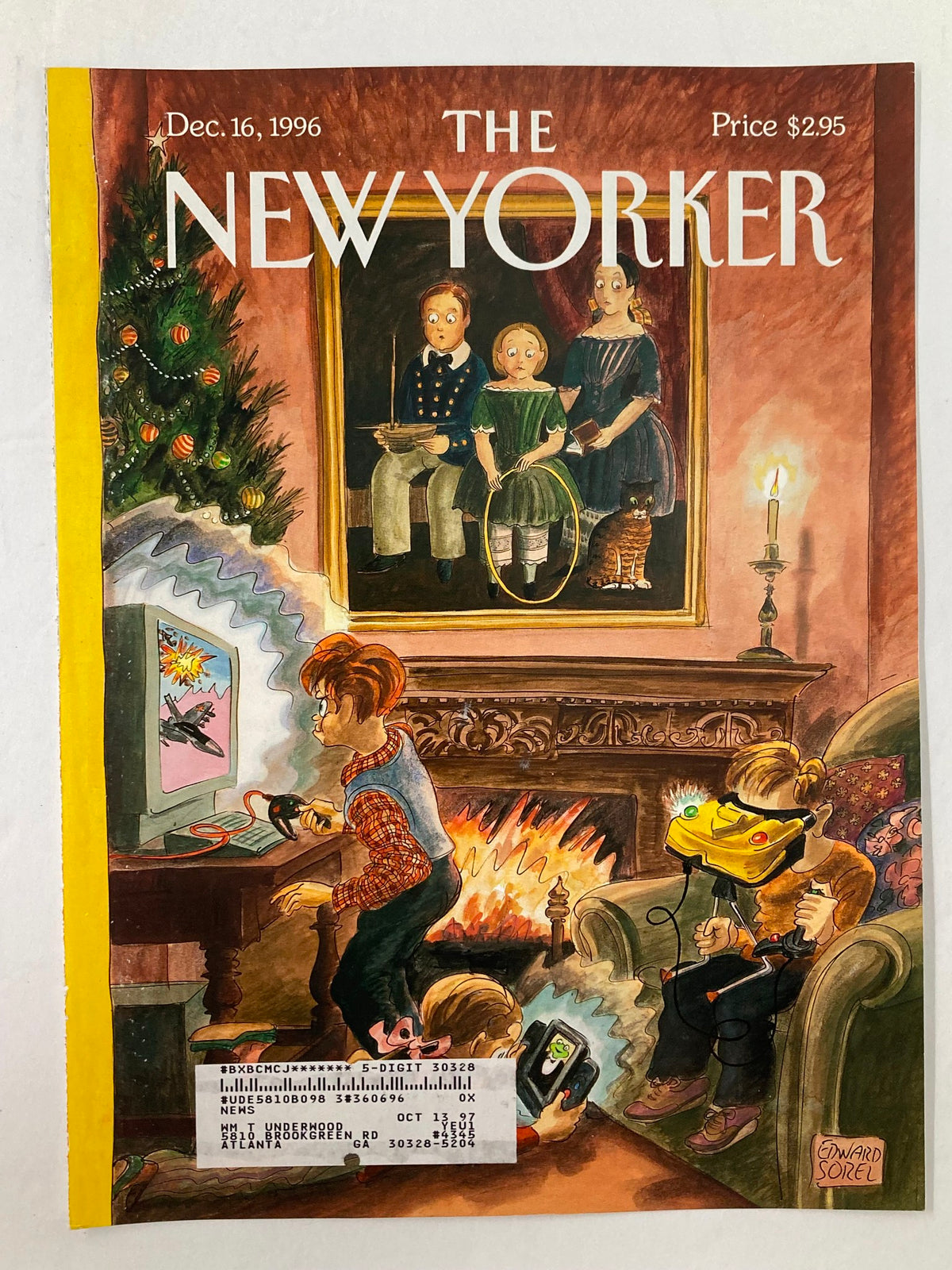 Cover only The New Yorker December 16 1996, illustrated by Edward Sorel, featuring children engaged in video games by a fireplace, capturing the nostalgic and whimsical spirit of 1990s gaming culture.