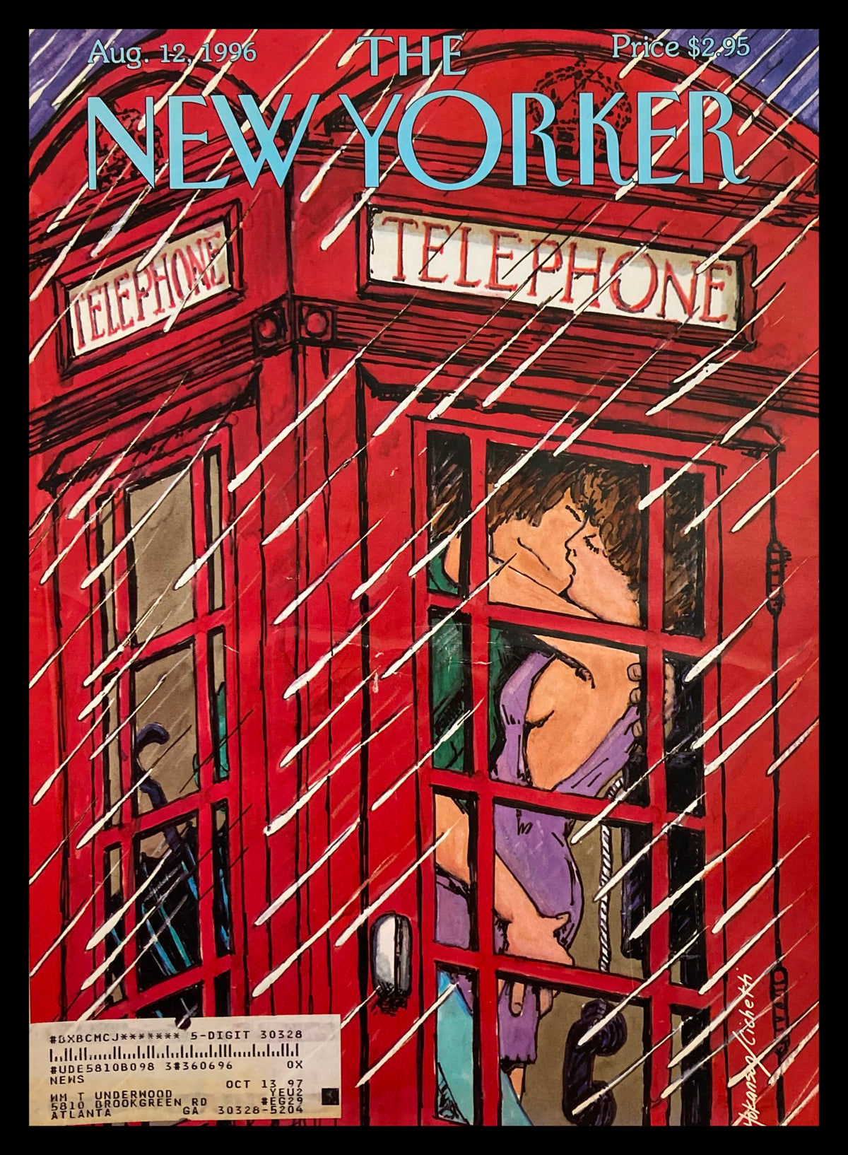 Cover of The New Yorker magazine from August 12, 1996 titled 'Phone Booth Romance' by Hokanson and Cichetti, featuring a colorful illustration of a couple kissing in a telephone booth in the rain.