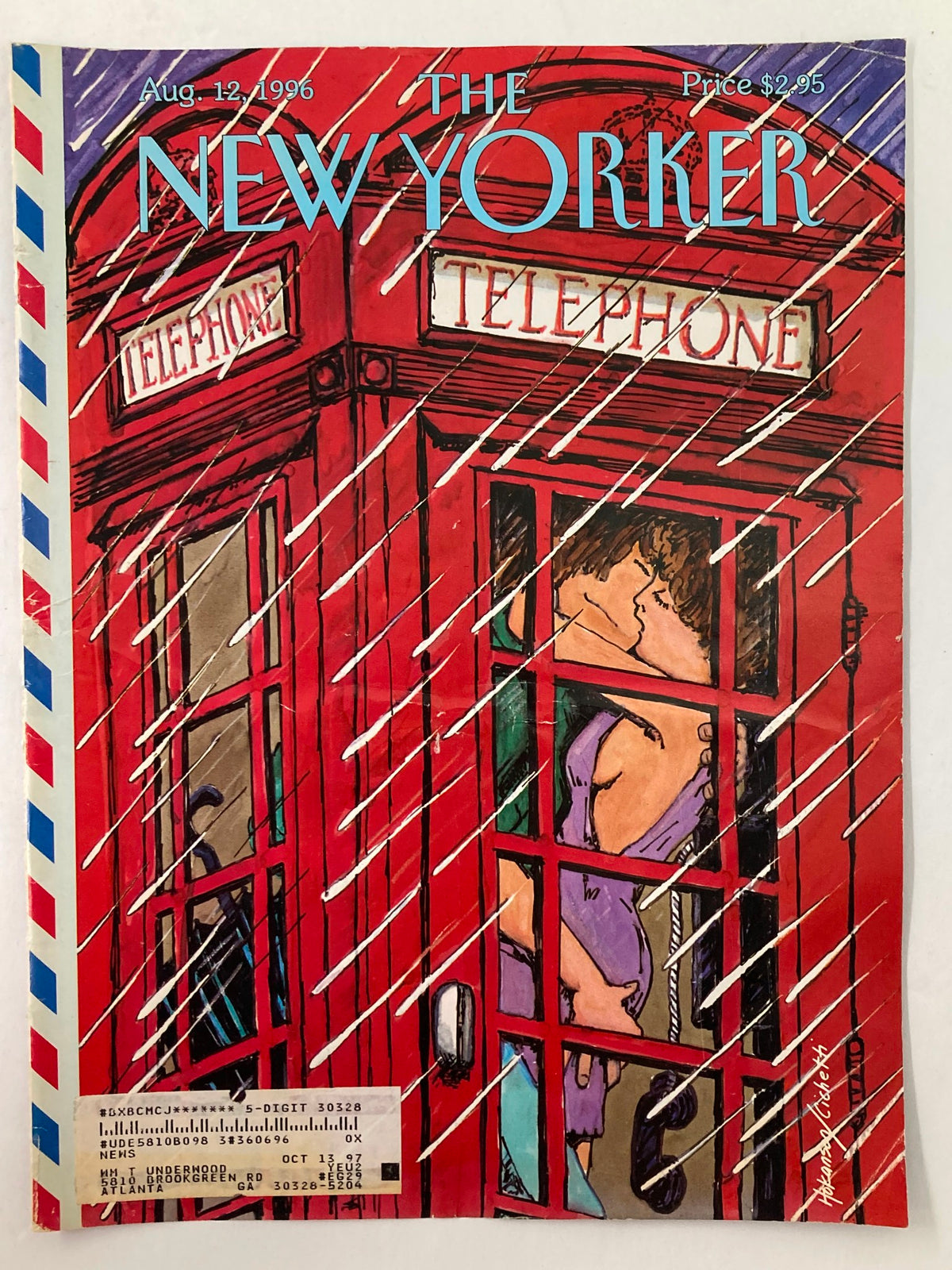 The New Yorker magazine cover dated August 12, 1996, titled 'Phone Booth Romance' featuring a romantic scene of a couple embracing in a red telephone booth, designed by Hokanson and Cichetti.