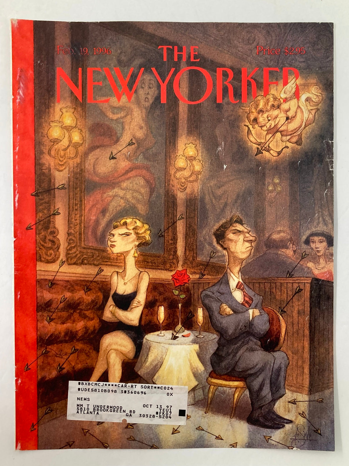 The New Yorker Cover February 19 1996 titled 'Cupid's Volley' by Peter de Seve, featuring a bar scene with a man and woman, adorned with whimsical Cupid artwork.