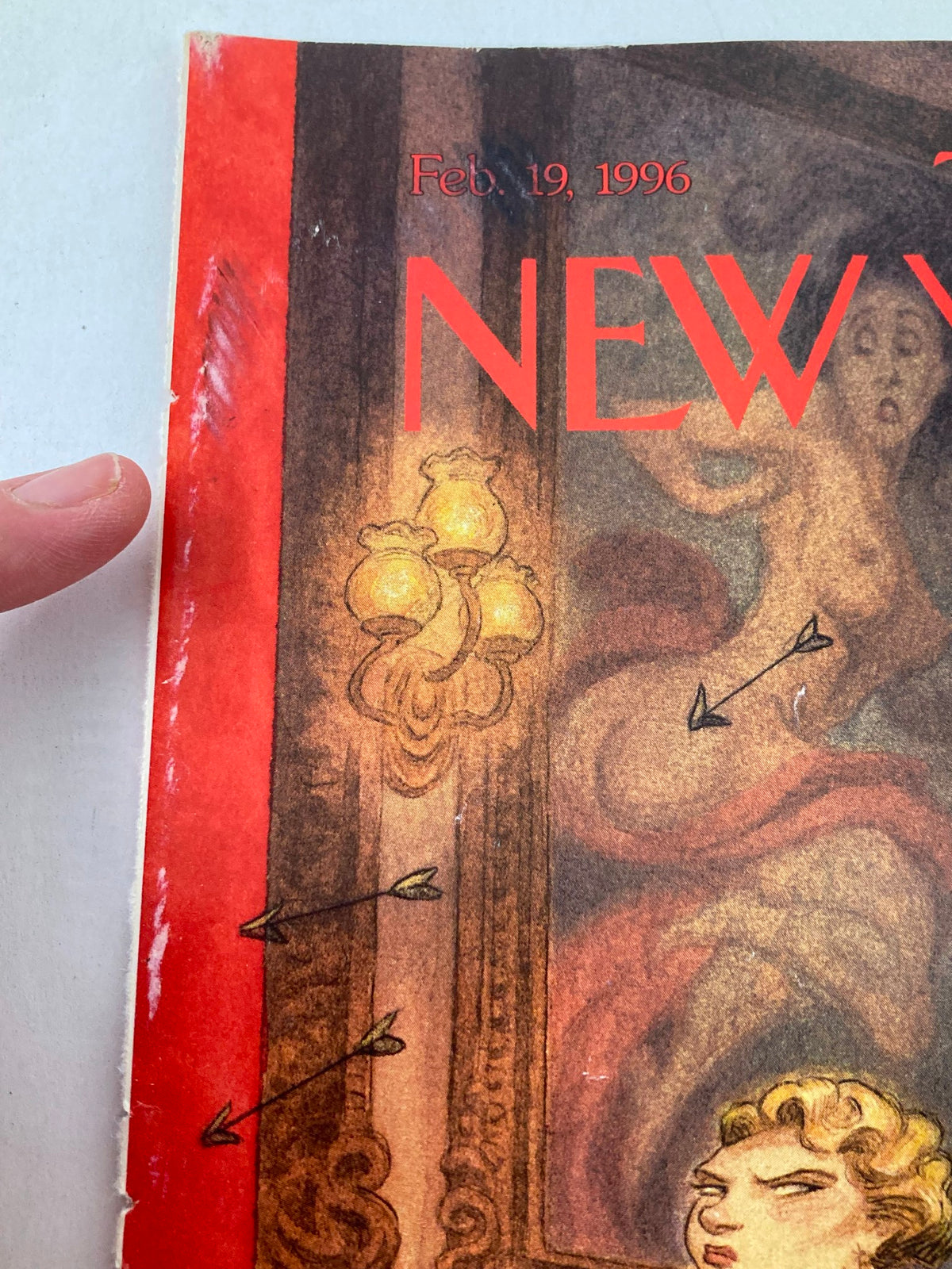 Close-up of The New Yorker Cover February 19 1996 titled 'Cupid's Volley' by Peter de Seve, highlighting the detailed artwork of the cover with a focus on the lighting and expressions.