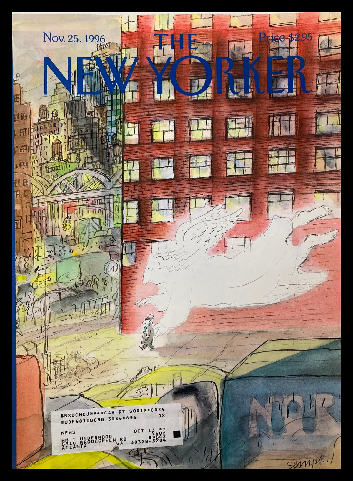 Cover of The New Yorker published on November 25, 1996, featuring the illustration 'Guardian Angel' by J. J. Sempe, showcasing whimsical urban scenery with a ghostly angel and a street scene.
