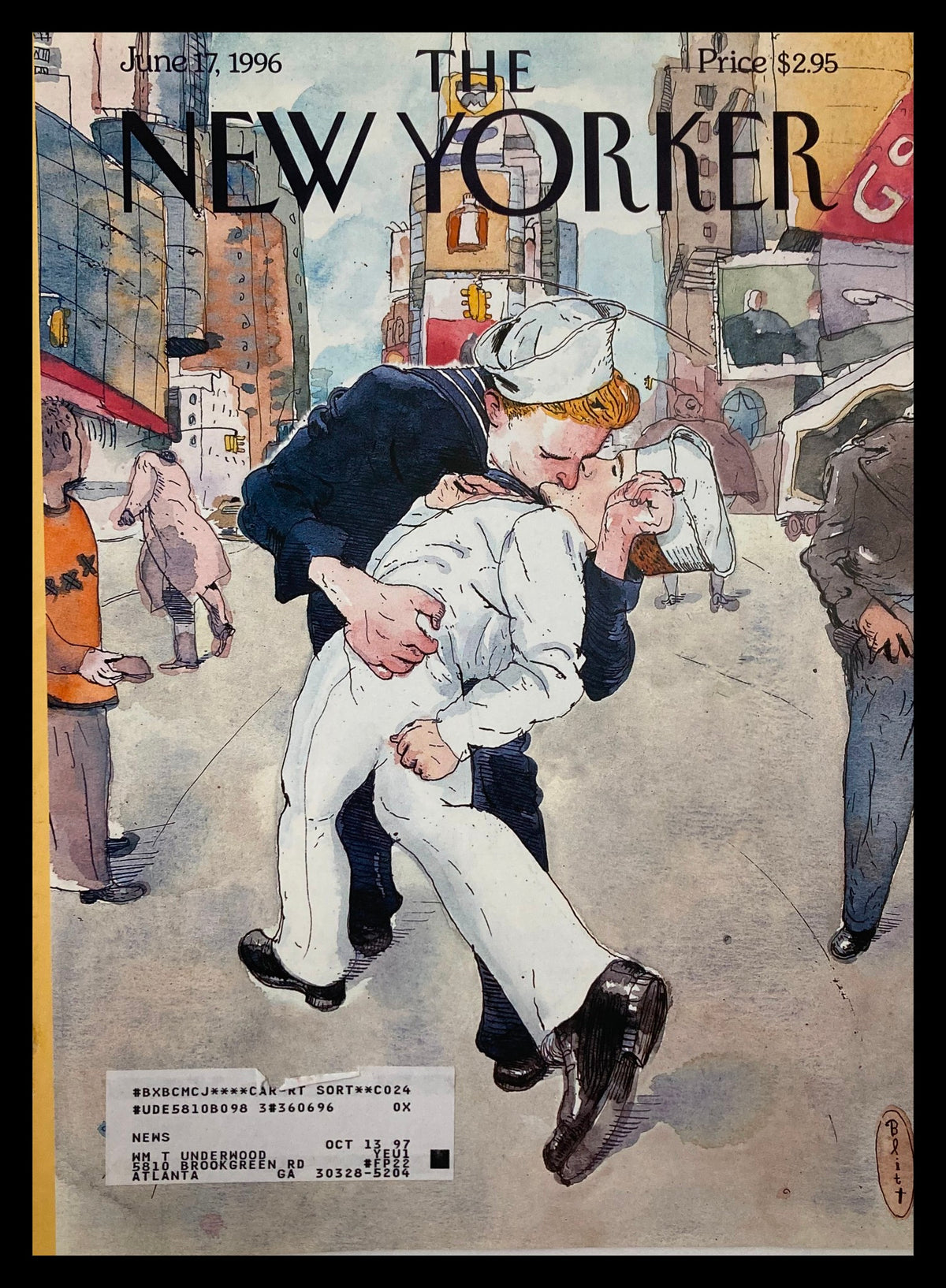 Cover of The New Yorker dated June 17, 1996, featuring the illustration 'Don't Ask' by Barry Blitt, showcasing a sailor passionately kissing a nurse in a city street, reflecting 90s culture.
