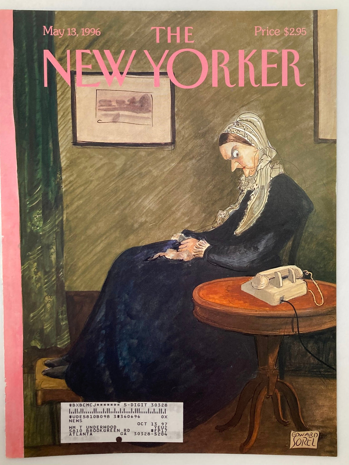 The New Yorker cover from May 13, 1996, titled 'Waiting' by Edward Sorel, featuring a woman sitting in a room with a vintage telephone on a table.