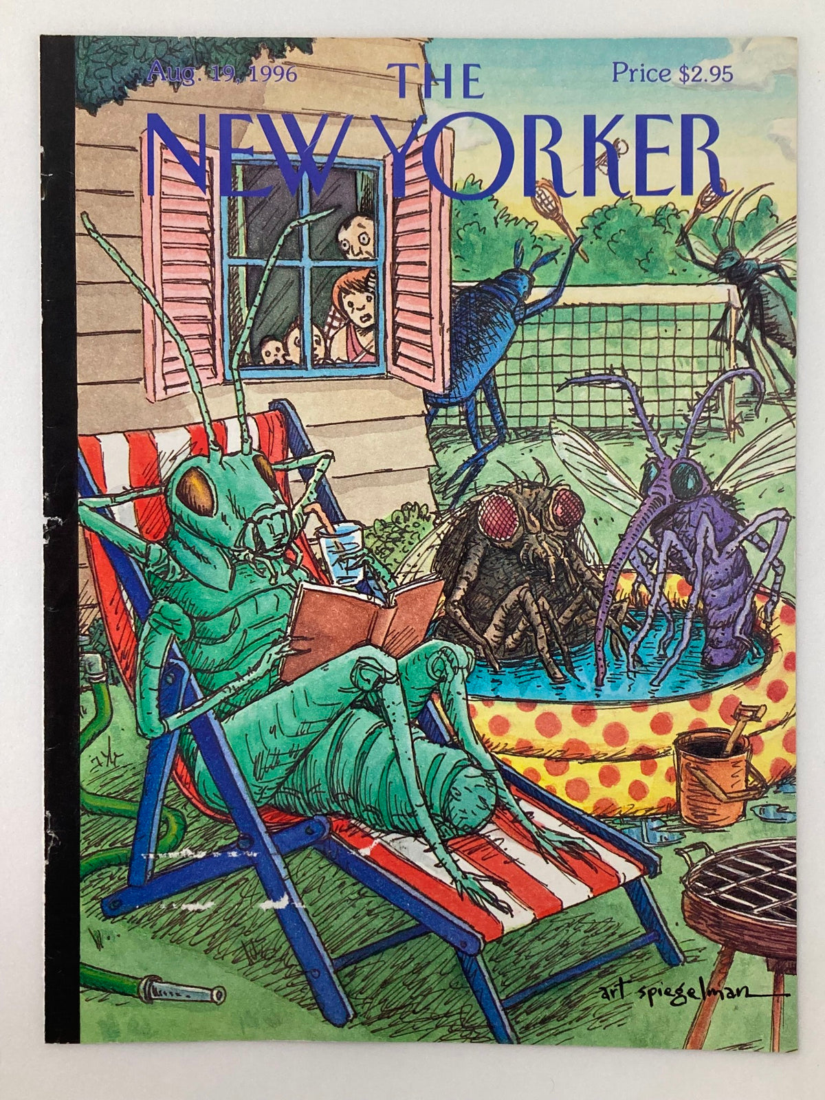 The New Yorker August 19 1996 cover titled 'Summer Buzz' by Art Spiegelman, showcasing vibrant colors and playful insect characters relaxing in a backyard scene.