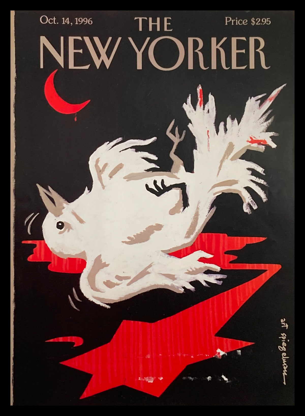 COVER ONLY The New Yorker October 14 1996 Processed Peace by Art Spiegelman, featuring a white bird in flight against a dark background with a red crescent moon.