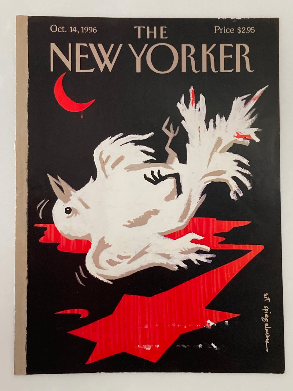 COVER ONLY The New Yorker October 14 1996 Processed Peace by Art Spiegelman, displaying a stylized white bird soaring amid a stark background with bold red accents.