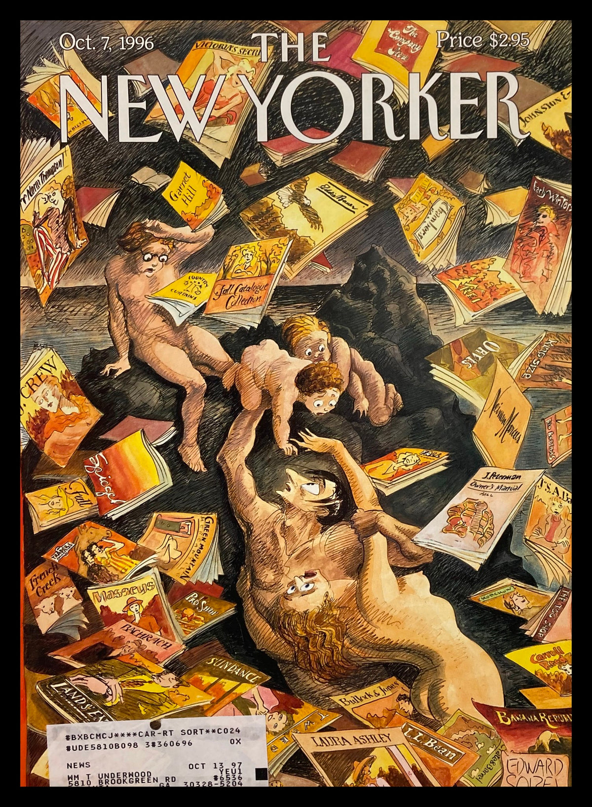COVER ONLY The New Yorker October 7 1996 The Deluge by Edward Sorel featuring figures amidst floating magazines and books, highlighting artistic expression and cultural commentary.