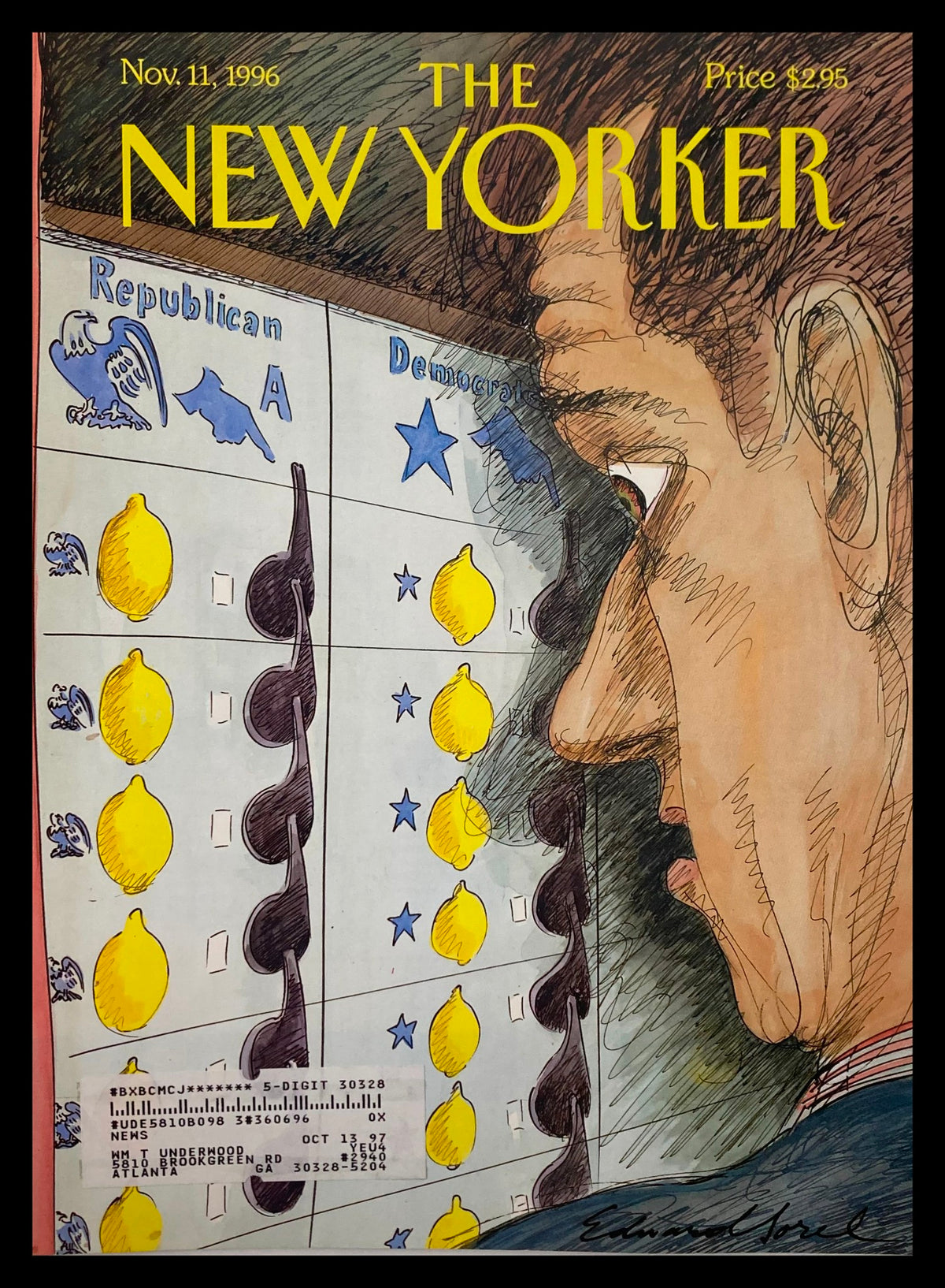 Cover of The New Yorker, November 11, 1996, titled 'The Same Coin' by E. Sorel, featuring an illustration comparing the Democratic and Republican parties with lemons and a voter's perspective.
