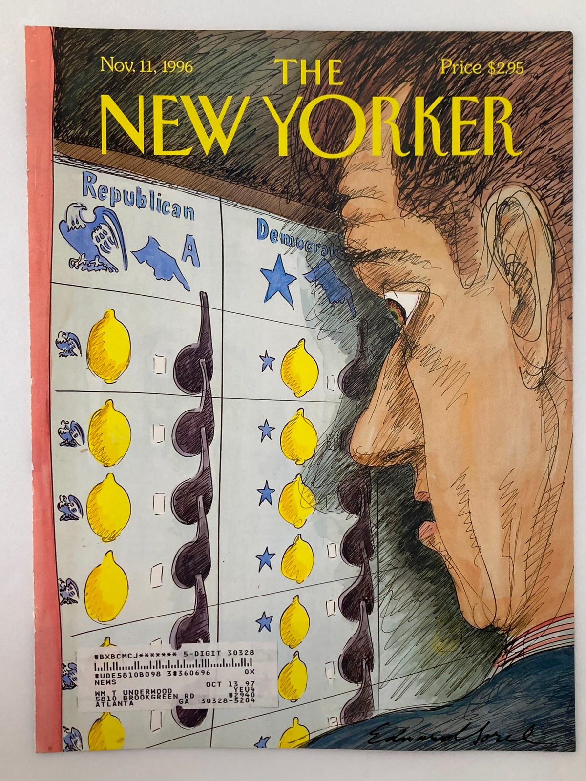 Vintage cover of The New Yorker dated November 11, 1996, titled 'The Same Coin', illustrating the political divide between Democrats and Republicans through artistic imagery.