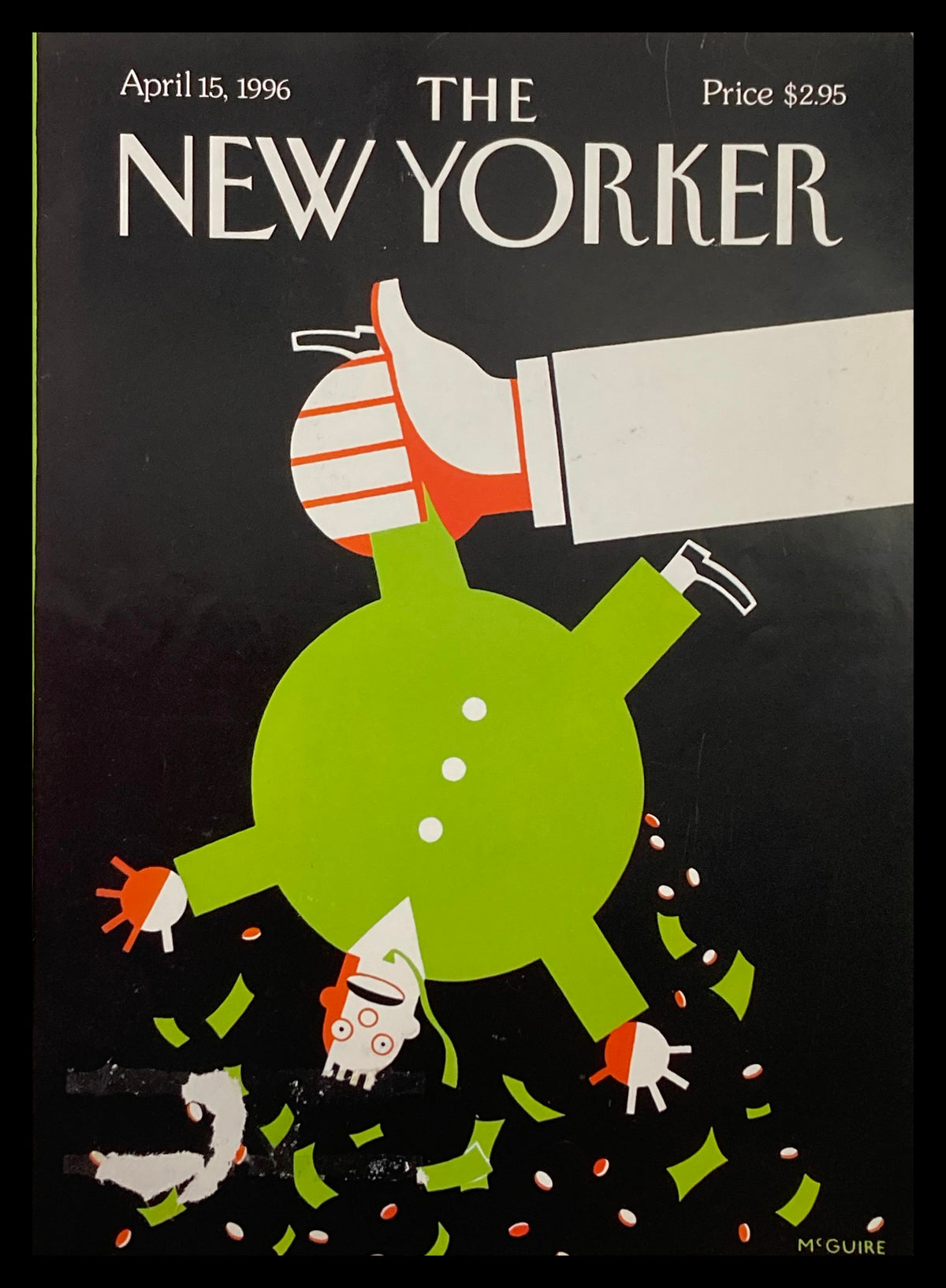 Cover of The New Yorker dated April 15, 1996 featuring 'The Gigolo' by Robert McGuire, showcasing playful artwork with a green character and a stylized hand dropping money.