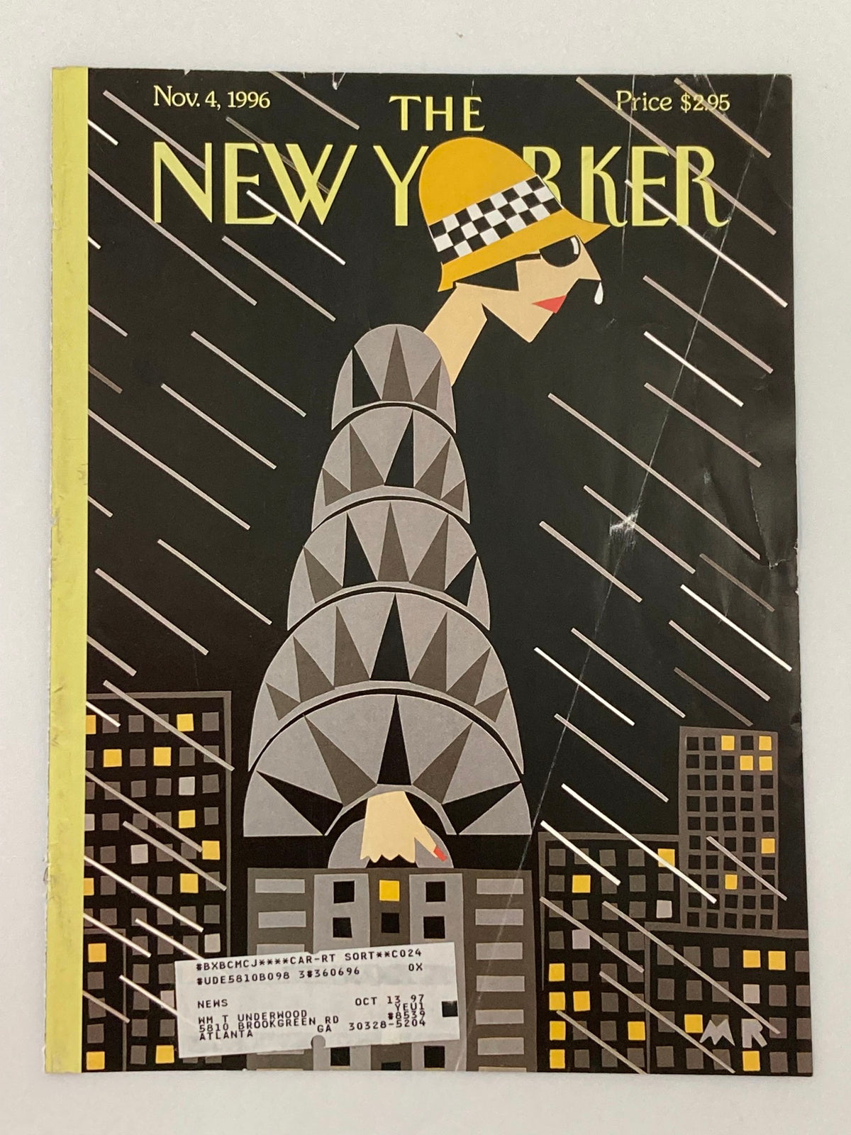 Cover of The New Yorker November 4, 1996 showcasing 'The Height of Fashion' by M. Roberts. The art displays a stylish woman with a hat and sunglasses walking in the rain, surrounded by skyscrapers.