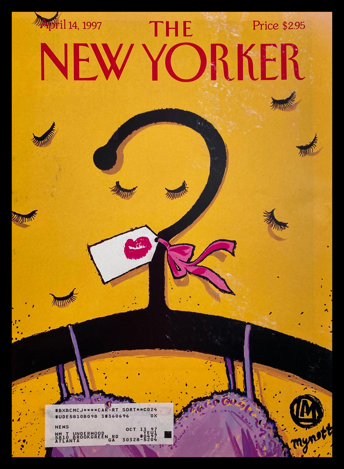 COVER ONLY The New Yorker April 14 1997 featuring Fashion Hangup artwork by Lawrence Mynott, showcasing a colorful design with vibrant yellow background, a hanger, and playful illustrations.