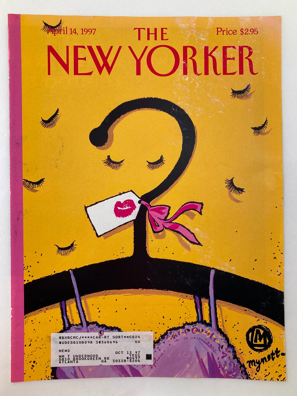 COVER ONLY The New Yorker April 14 1997 artwork by Lawrence Mynott, highlighting a stylish cover with a yellow background and eye-catching visuals, perfect for art and magazine collectors.