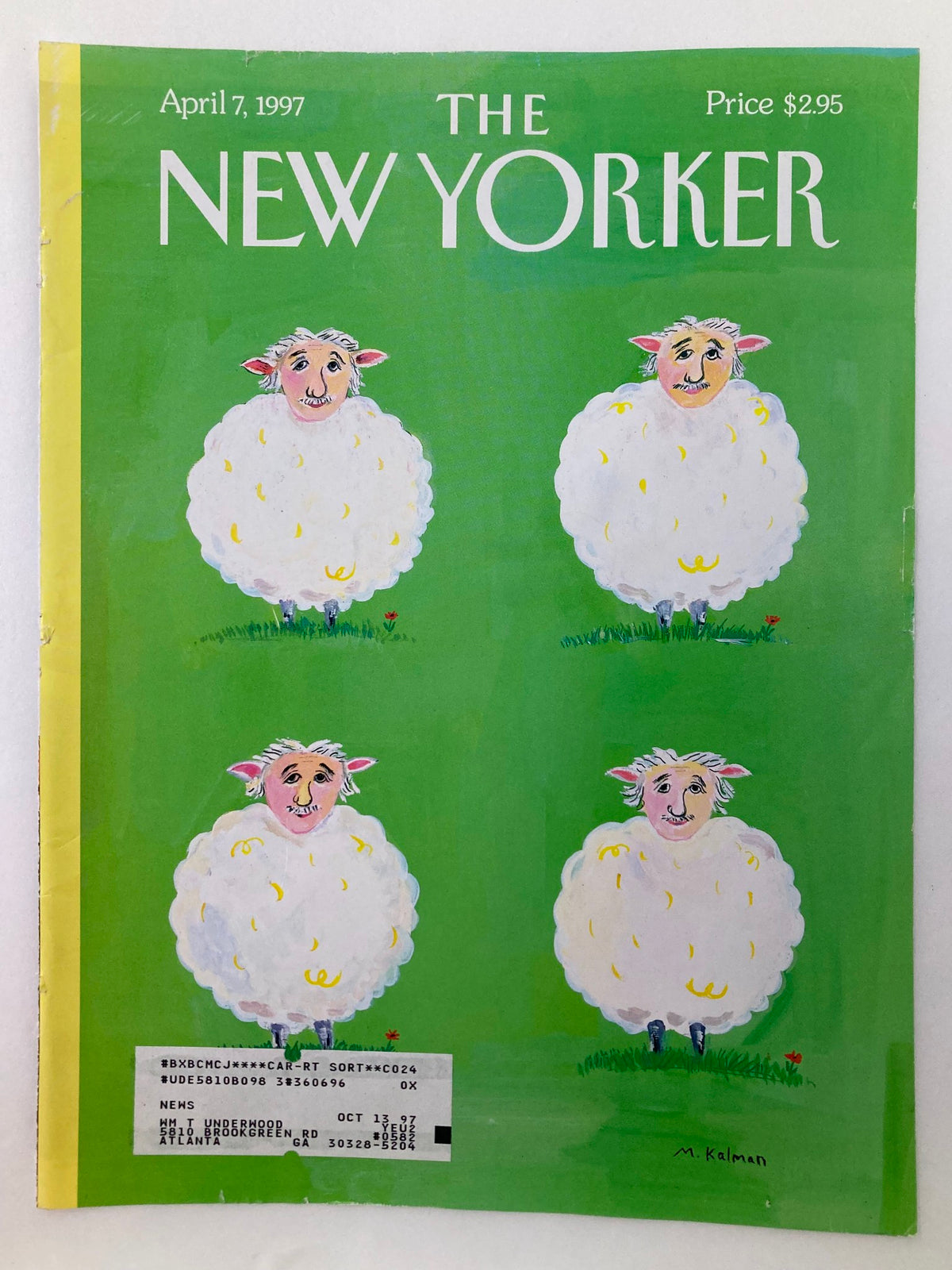Cover only of The New Yorker dated April 7, 1997, displaying playful sheep illustrations by Maira Kalman, ideal for collectors and fans of unique magazine art.