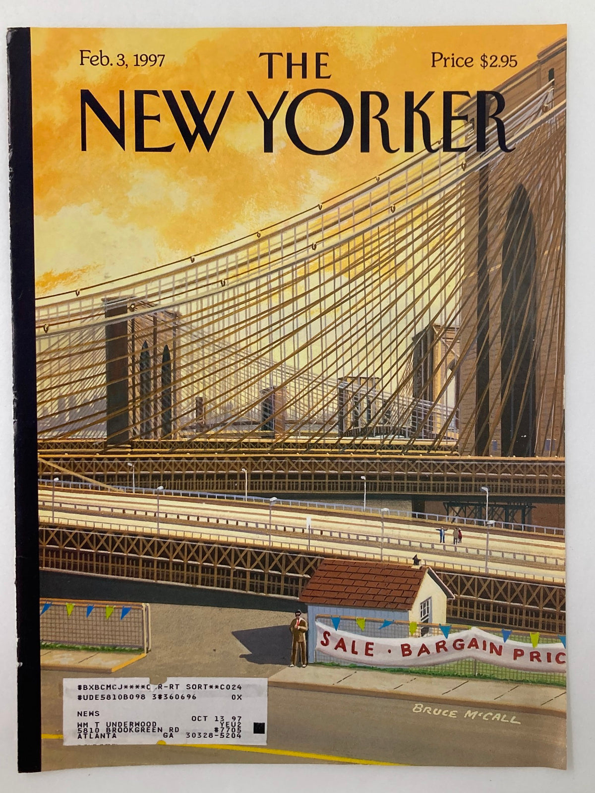 Front cover of The New Yorker from February 3, 1997, titled 'Sale of the Century' by Bruce McCall, showcasing the Brooklyn Bridge and a quaint sale signage in a historical context.