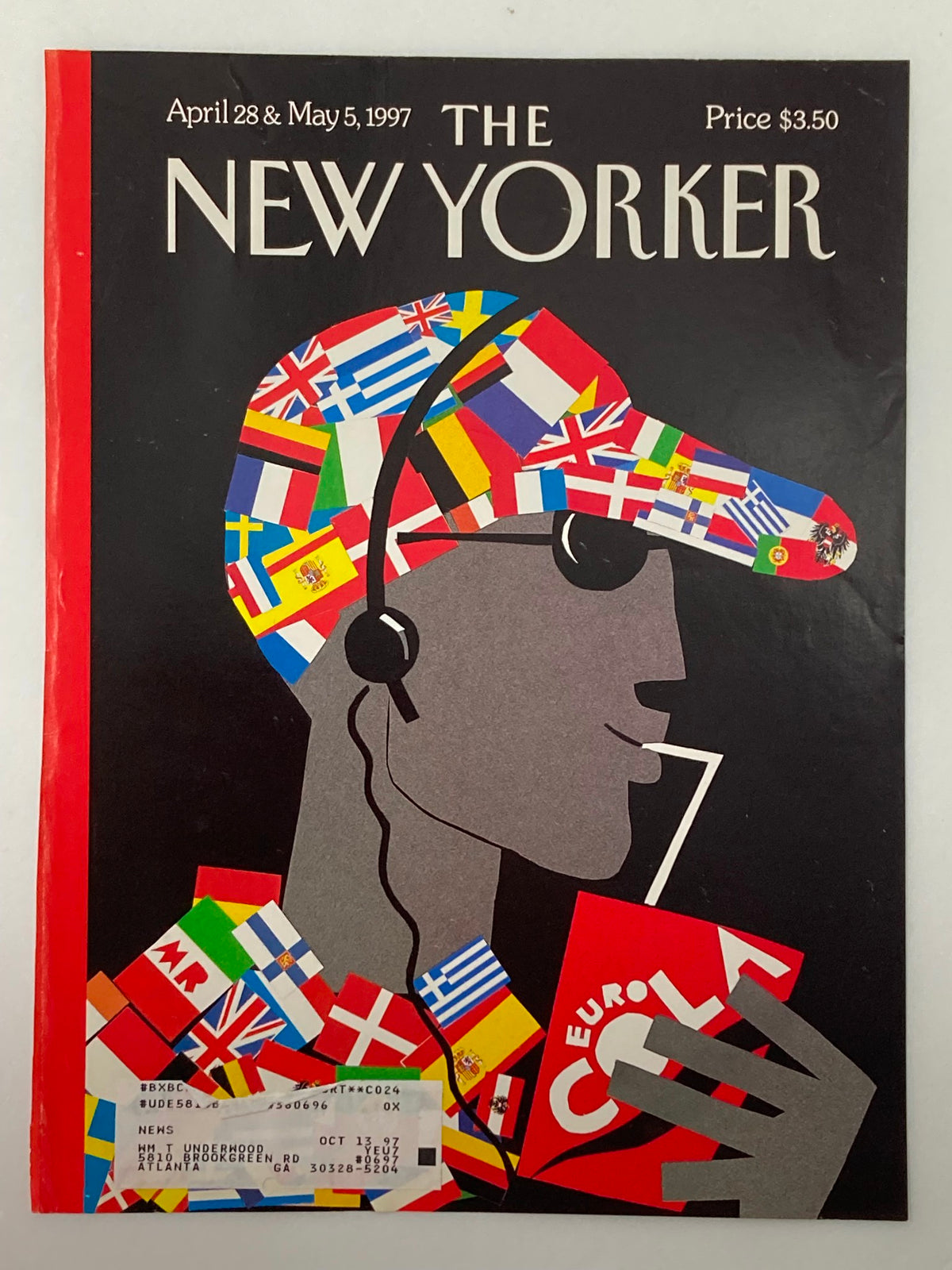 Cover of The New Yorker April 28 1997 titled 'Eurocentric' by Michael Roberts, showcasing a creative design of a figure in headphones with a cap adorned with flags from various countries, and holding a beverage.