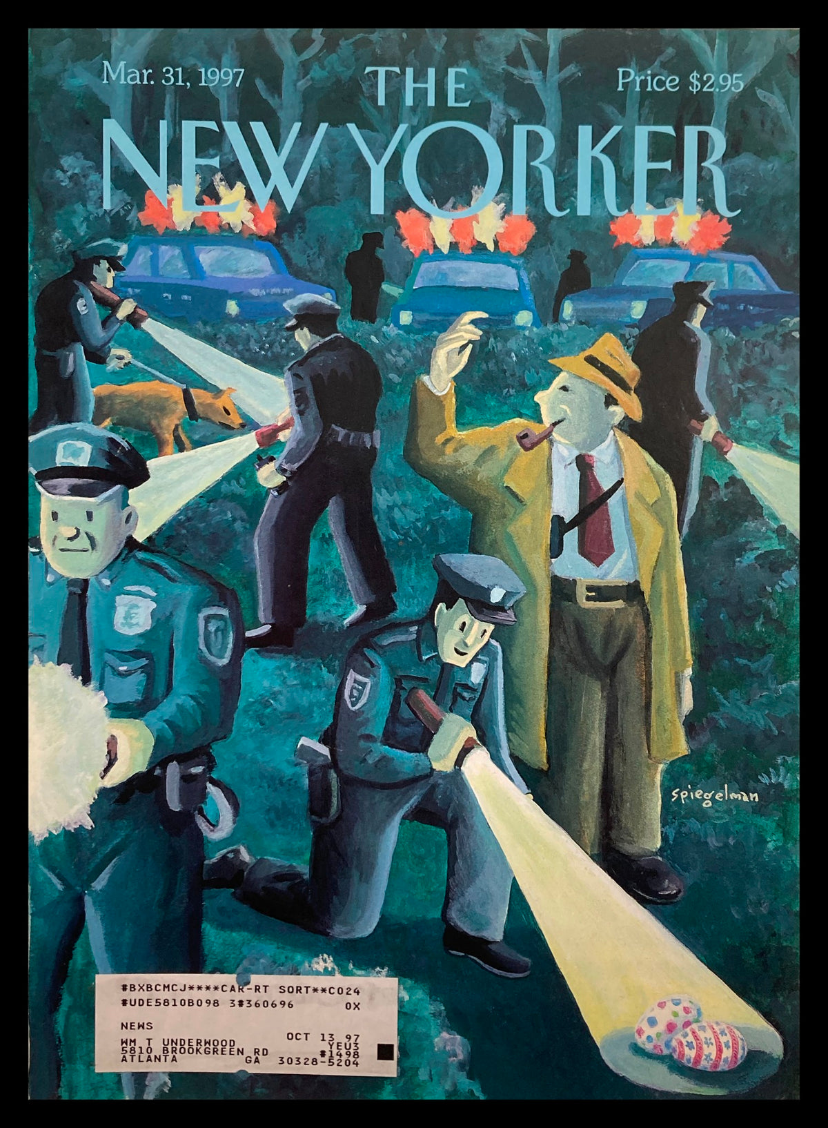 Cover art of The New Yorker, March 31, 1997, titled 'Hardboiled Egg Hunt' by Art Spiegelman, depicting police officers searching a wooded area with flashlights.