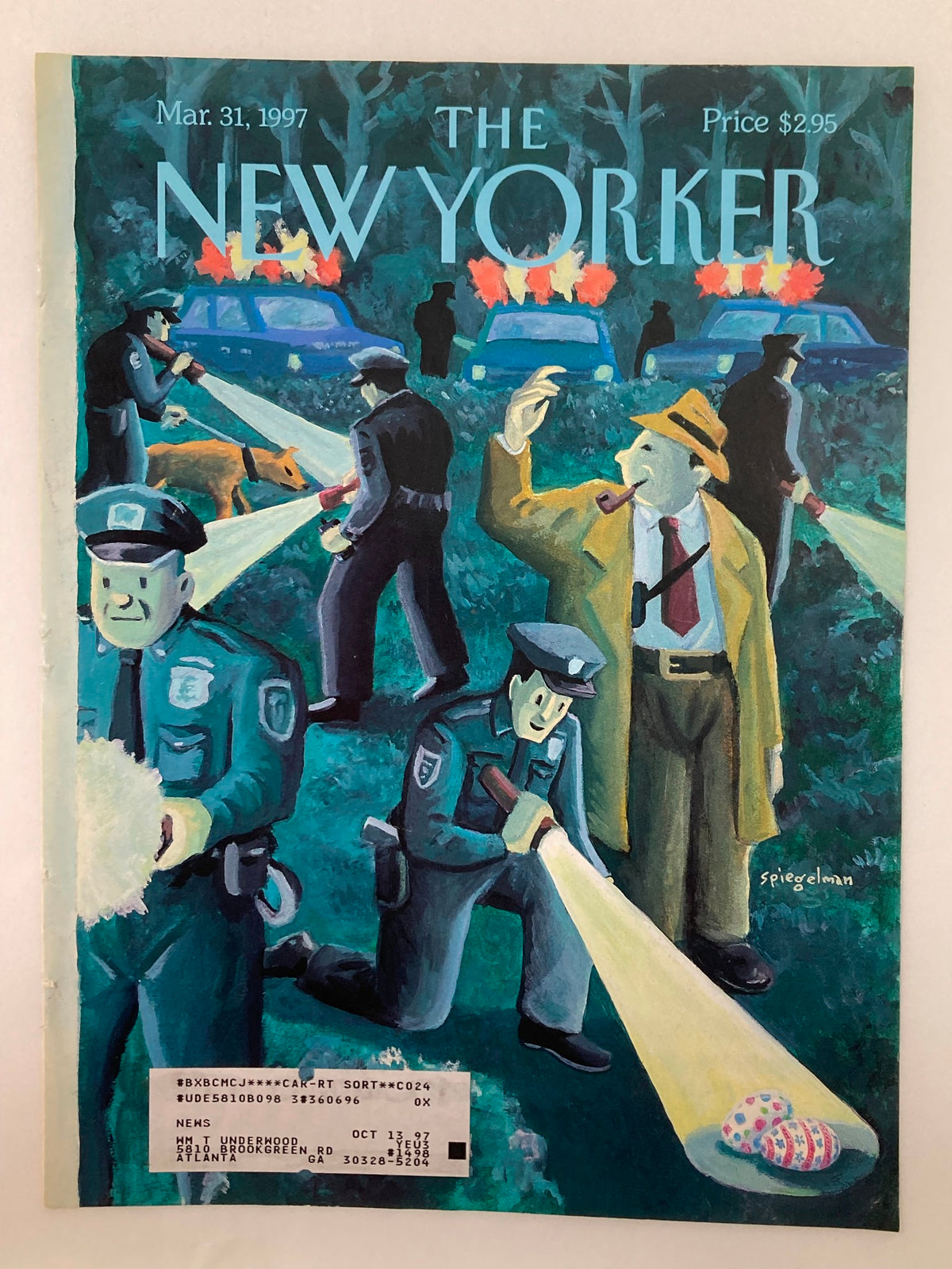 The New Yorker cover from March 31, 1997, titled 'Hardboiled Egg Hunt' by Art Spiegelman, illustrating a scene of police investigation with characters and a colorful background.