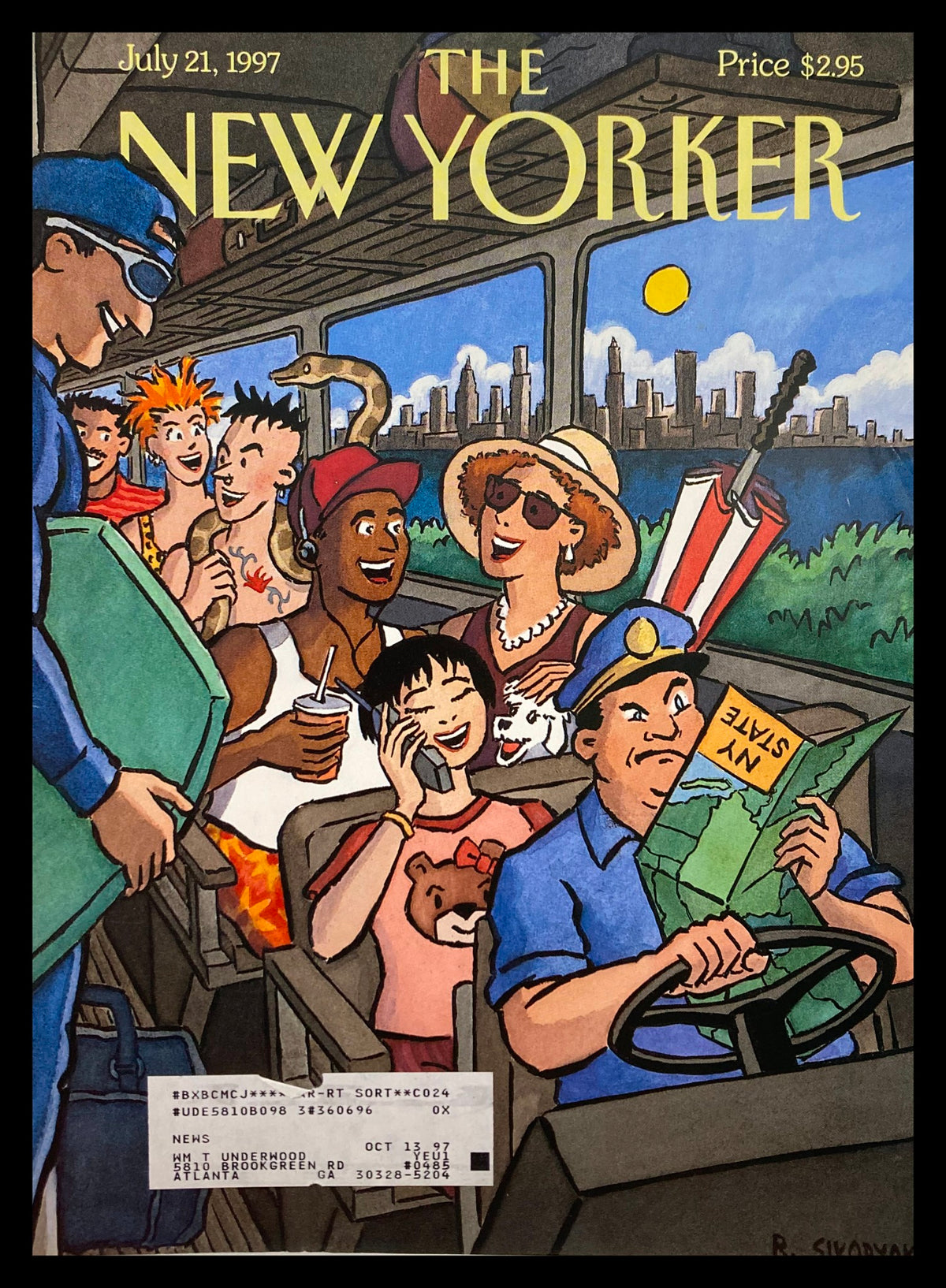 Cover of The New Yorker, July 21, 1997, titled 'Escape from New York,' illustrated by R. Sikoryak, featuring a lively scene on a bus with diverse characters, showcasing art and cultural commentary.