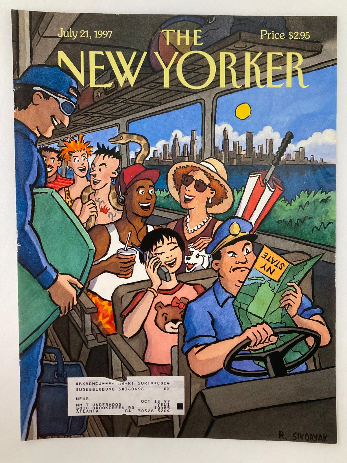 Cover of The New Yorker, July 21, 1997, titled 'Escape from New York,' illustrated by R. Sikoryak, depicting an engaging bus scene filled with joyful characters, reflecting the magazine's artistic style.