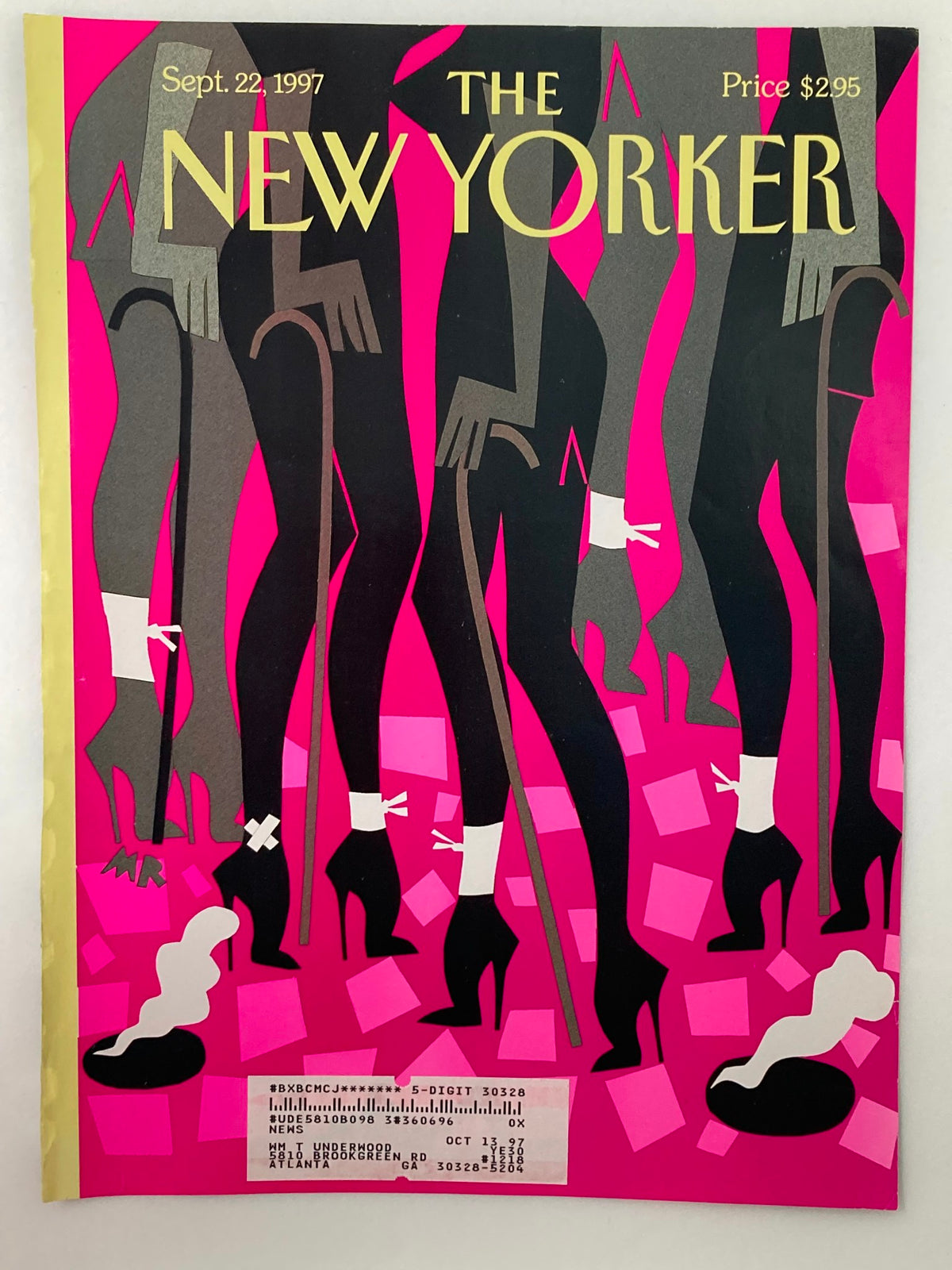 Cover only of The New Yorker magazine dated September 22, 1997, illustrating 'Head Over Heels' by Michael Roberts, depicting fashionable figures in black and pink with whimsical elements.